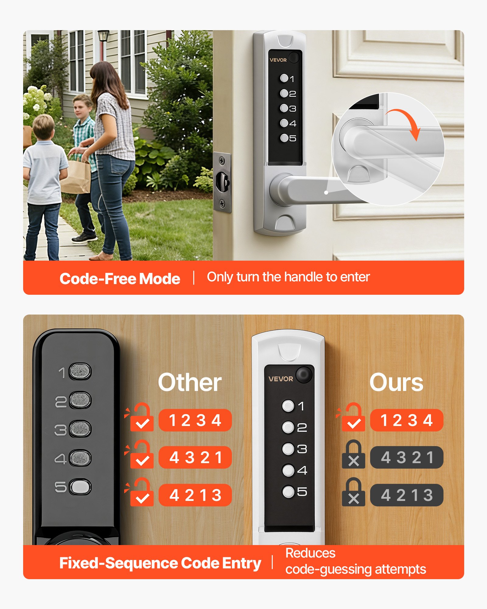 VEVOR Mechanical Keyless Entry Door Lock, 2.0 Code Upgrade, 5 Digits Code, Single-Sided Push Button Combination Keypad Door Lock with Handle, Auto Locking, for Garden Gates, Indoor or Outdoor, Silver