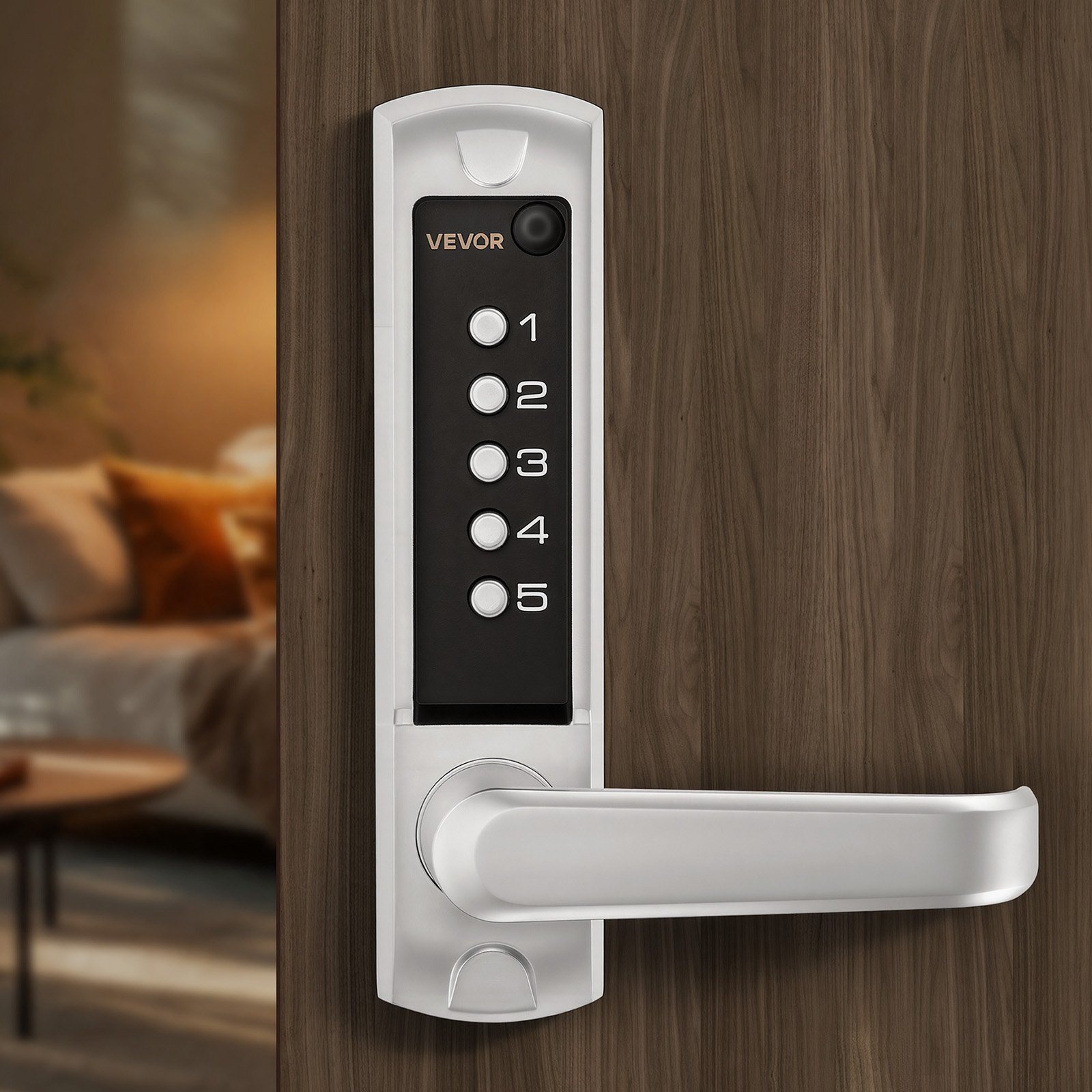 VEVOR Mechanical Keyless Entry Door Lock, 2.0 Code Upgrade, 5 Digits Code, Single-Sided Push Button Combination Keypad Door Lock with Handle, Auto Locking, for Garden Gates, Indoor or Outdoor, Silver