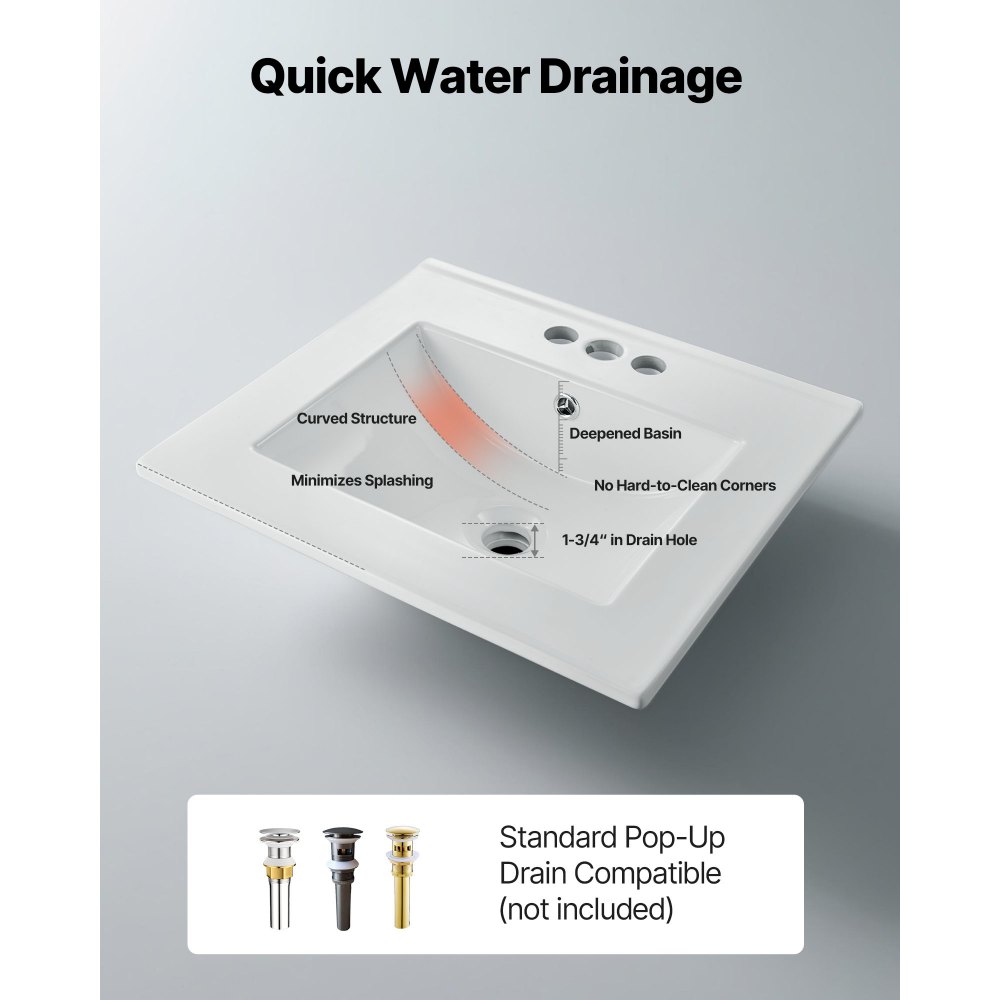 VEVOR Lavabo Semi Incasso in Ceramica da Appoggio 510 x 465 mm con 3 Fori Preforati, Lavabo Moderno per Cucina Bagno nel Piano di Lavoro, Foro del Rubinetto 35 mm, Lavello Bianco