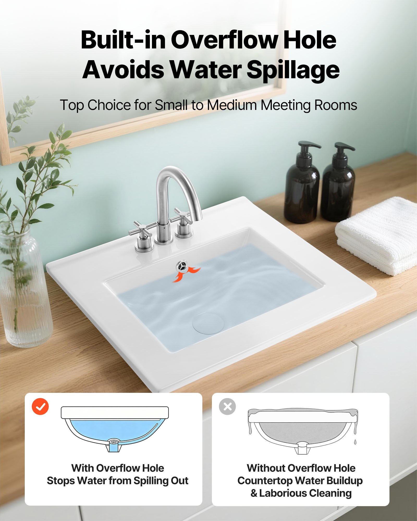 VEVOR Lavabo Semi Incasso in Ceramica da Appoggio 510 x 465 mm con 3 Fori Preforati, Lavabo Moderno per Cucina Bagno nel Piano di Lavoro, Foro del Rubinetto 35 mm, Lavello Bianco