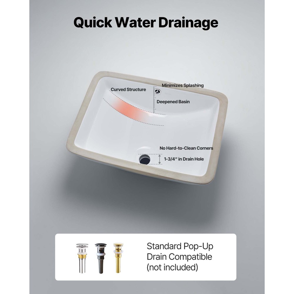 VEVOR Lavandino Sottopiano Lavabo per Bagno 530 x 375 mm, Lavello Rettangolare in Ceramica con Foro di Troppopieno, Lavabo da Bagno Sotto Banco di Lavoro Moderno Lavabo in Ceramica, Bianco
