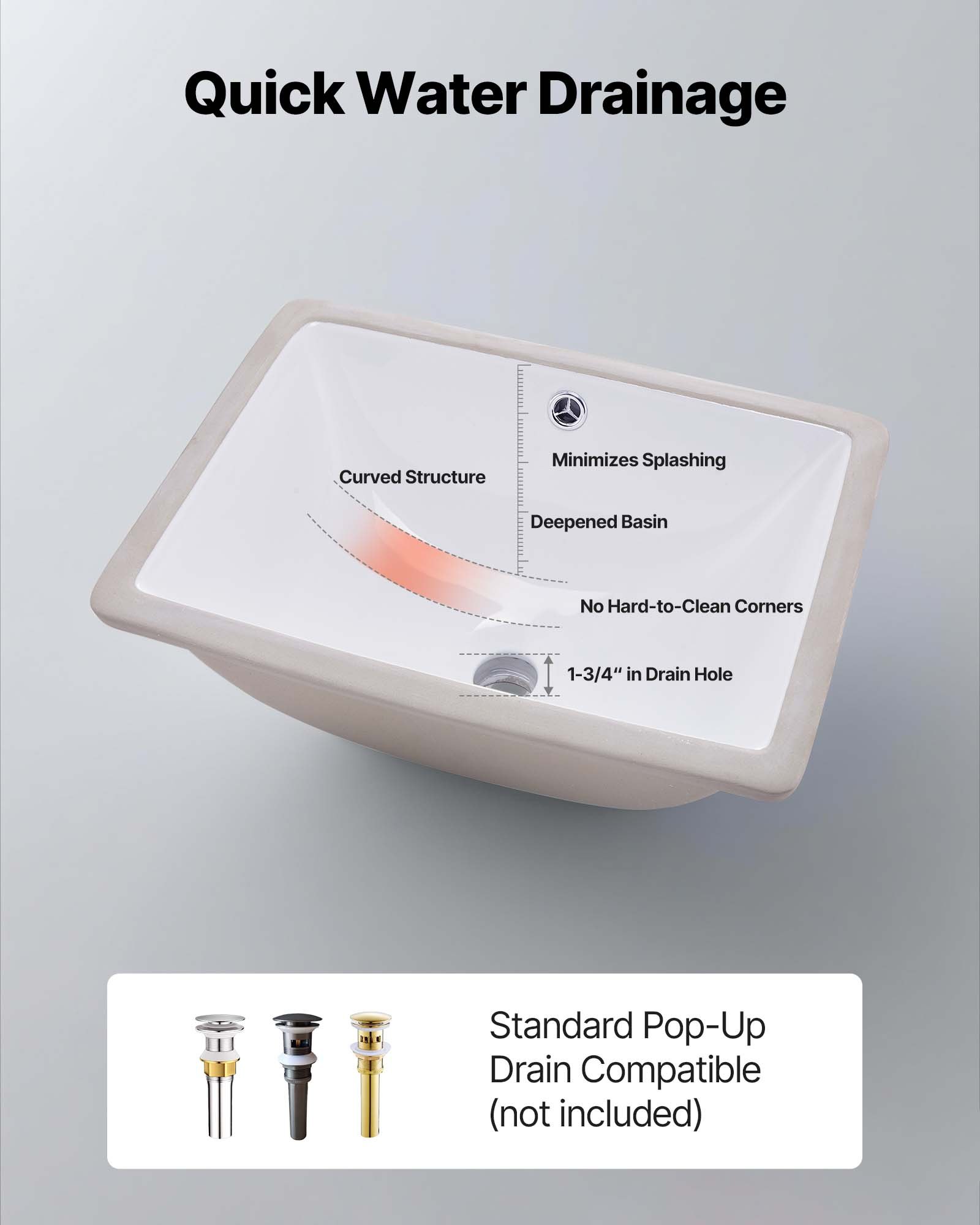 VEVOR Lavandino Sottopiano Lavabo per Bagno 460 x 330 mm, Lavello Rettangolare in Ceramica con Foro di Troppopieno, Lavabo da Bagno Sotto Banco di Lavoro, Moderno, Foro Scarico 45 mm, Bianco