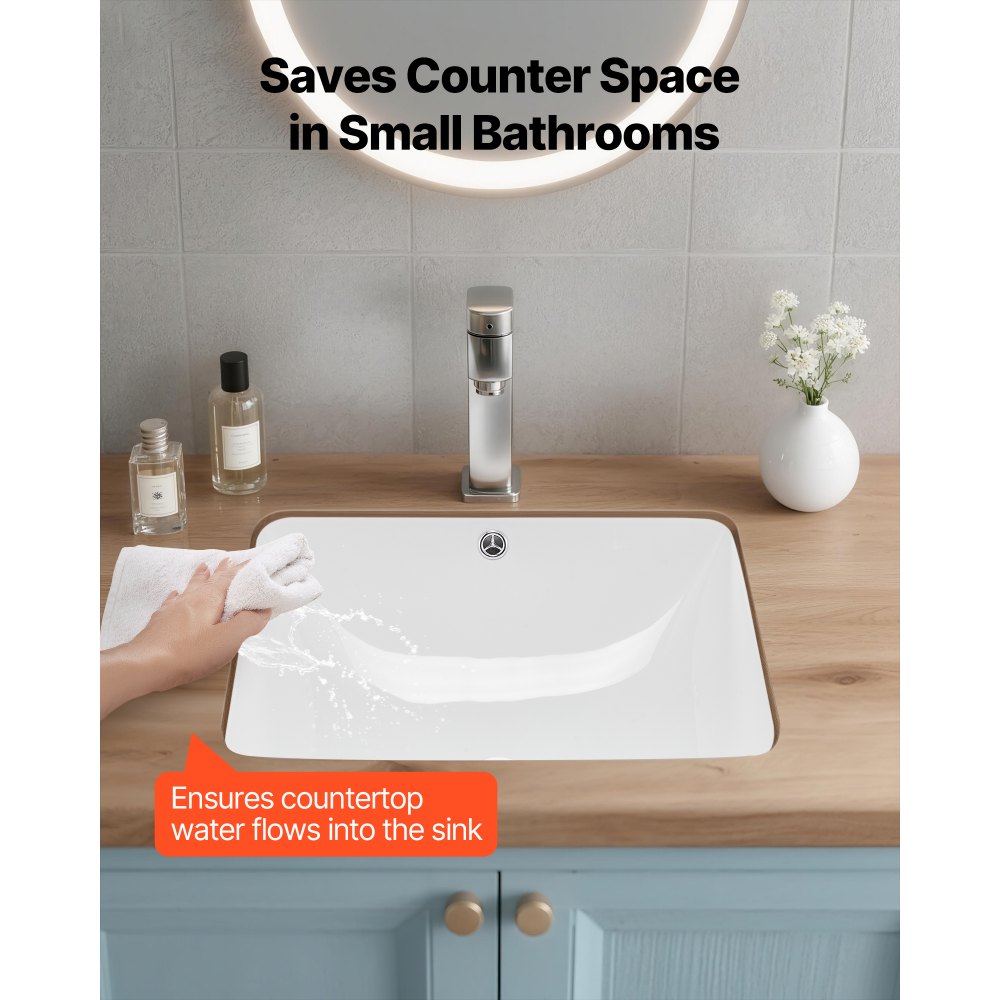 VEVOR Lavandino Sottopiano Lavabo per Bagno 515 x 385 mm, Lavello Rettangolare in Ceramica con Foro di Troppopieno, Lavabo da Bagno Sotto Banco di Lavoro, Moderno, Apertura Troppopieno 22mm, Bianco