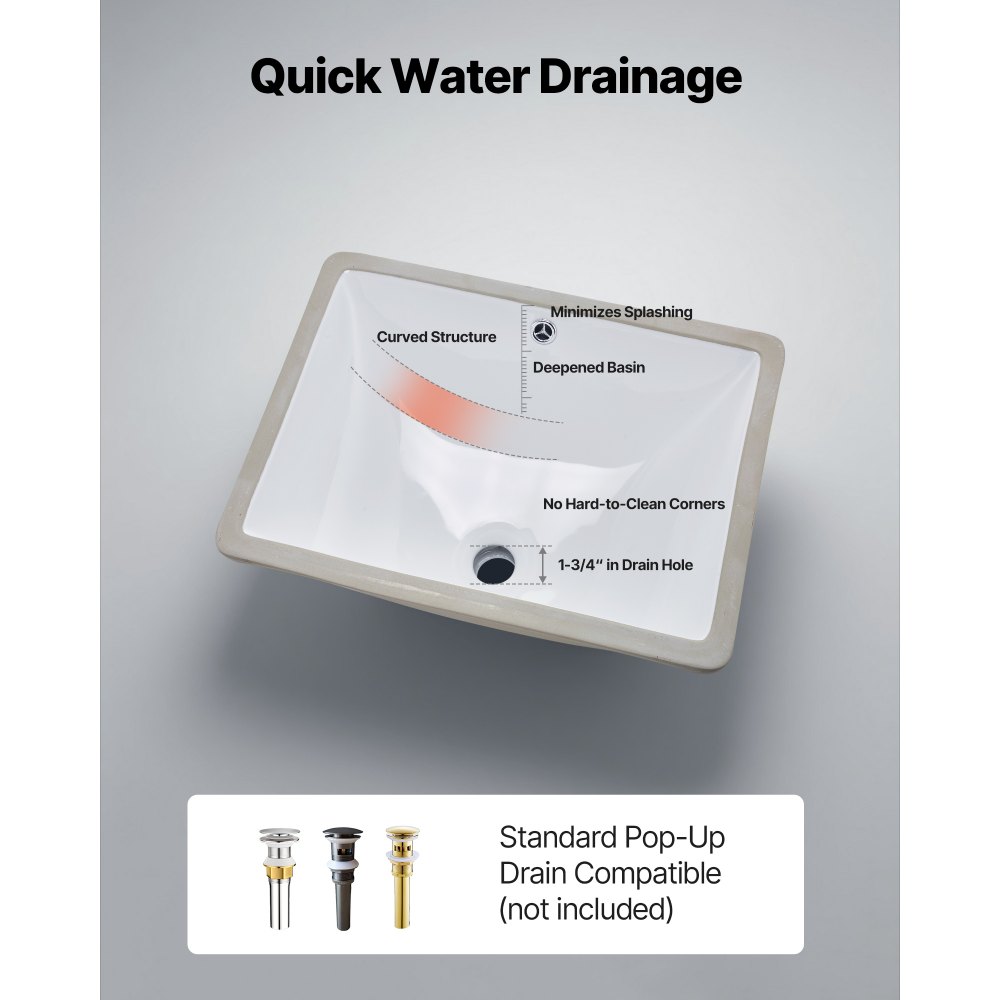 VEVOR Lavandino Sottopiano Lavabo per Bagno 515 x 385 mm, Lavello Rettangolare in Ceramica con Foro di Troppopieno, Lavabo da Bagno Sotto Banco di Lavoro, Moderno, Apertura Troppopieno 22mm, Bianco