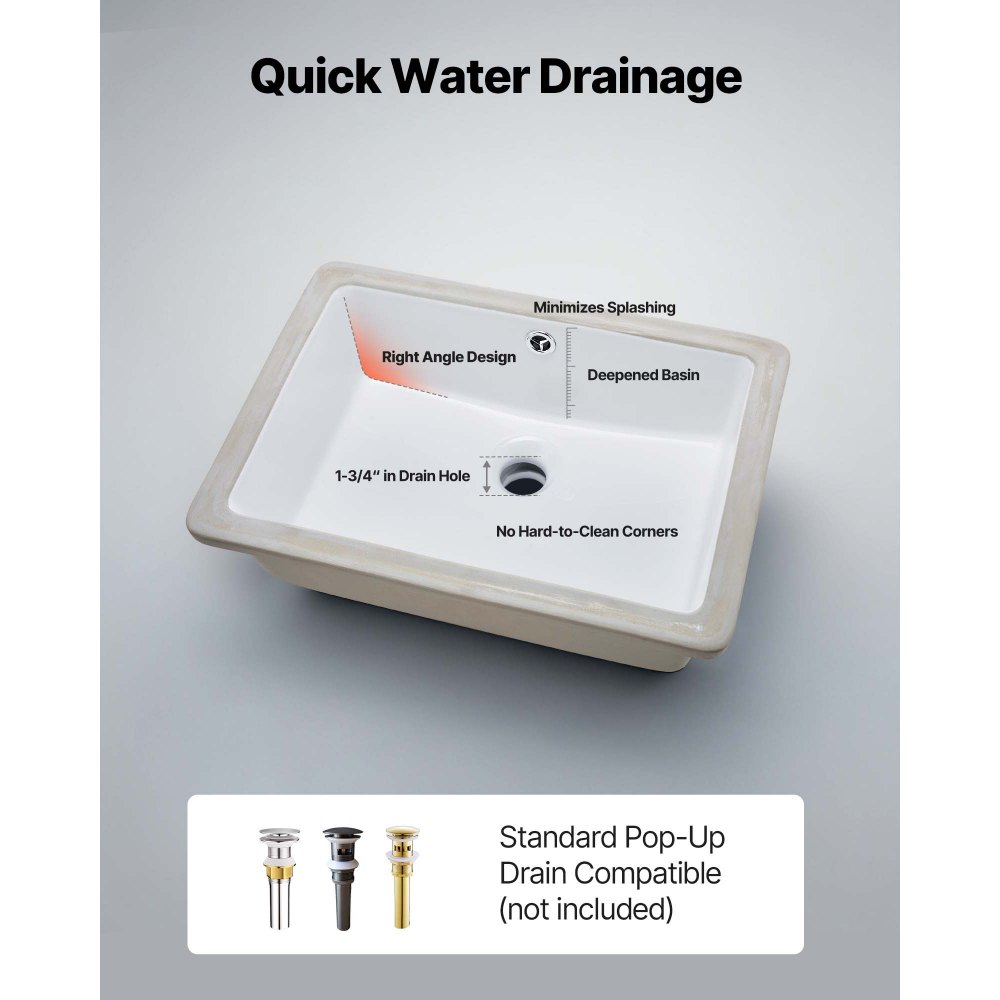VEVOR Lavandino Sottopiano Lavabo per Bagno 470 x 355 mm, Lavello Rettangolare in Ceramica con Foro di Troppopieno, Lavabo da Bagno Sottotop, Foro Scarico 45 mm Apertura Troppopieno 22mm, Bianco