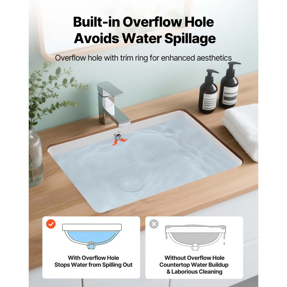 VEVOR Lavandino Sottopiano Lavabo per Bagno 470 x 355 mm, Lavello Rettangolare in Ceramica con Foro di Troppopieno, Lavabo da Bagno Sottotop, Foro Scarico 45 mm Apertura Troppopieno 22mm, Bianco