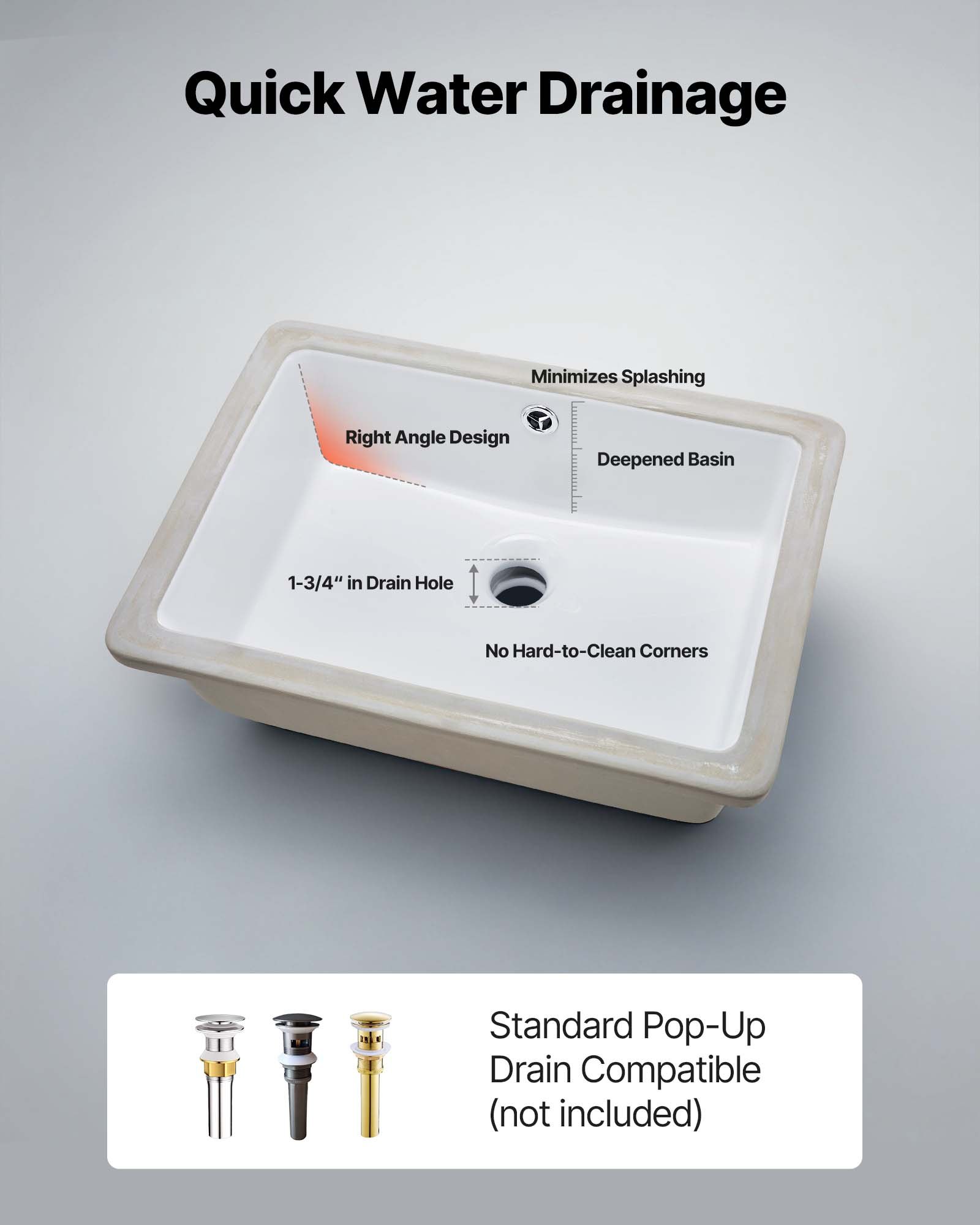 VEVOR Lavandino Sottopiano Lavabo per Bagno 470 x 355 mm, Lavello Rettangolare in Ceramica con Foro di Troppopieno, Lavabo da Bagno Sottotop, Foro Scarico 45 mm Apertura Troppopieno 22mm, Bianco