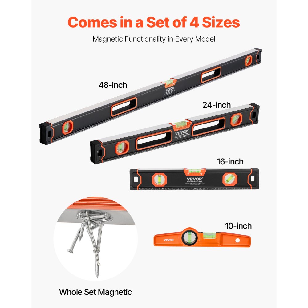 VEVOR 4 Pezzi Torpedo, 250/400/600/1200 mm, Tutti i Livelli Magnetici Set, Fluorescente Luce Up Bolla Fiale Righello, Lega di Alluminio Magnetico Scatola Livella Strumento Scala Metrica