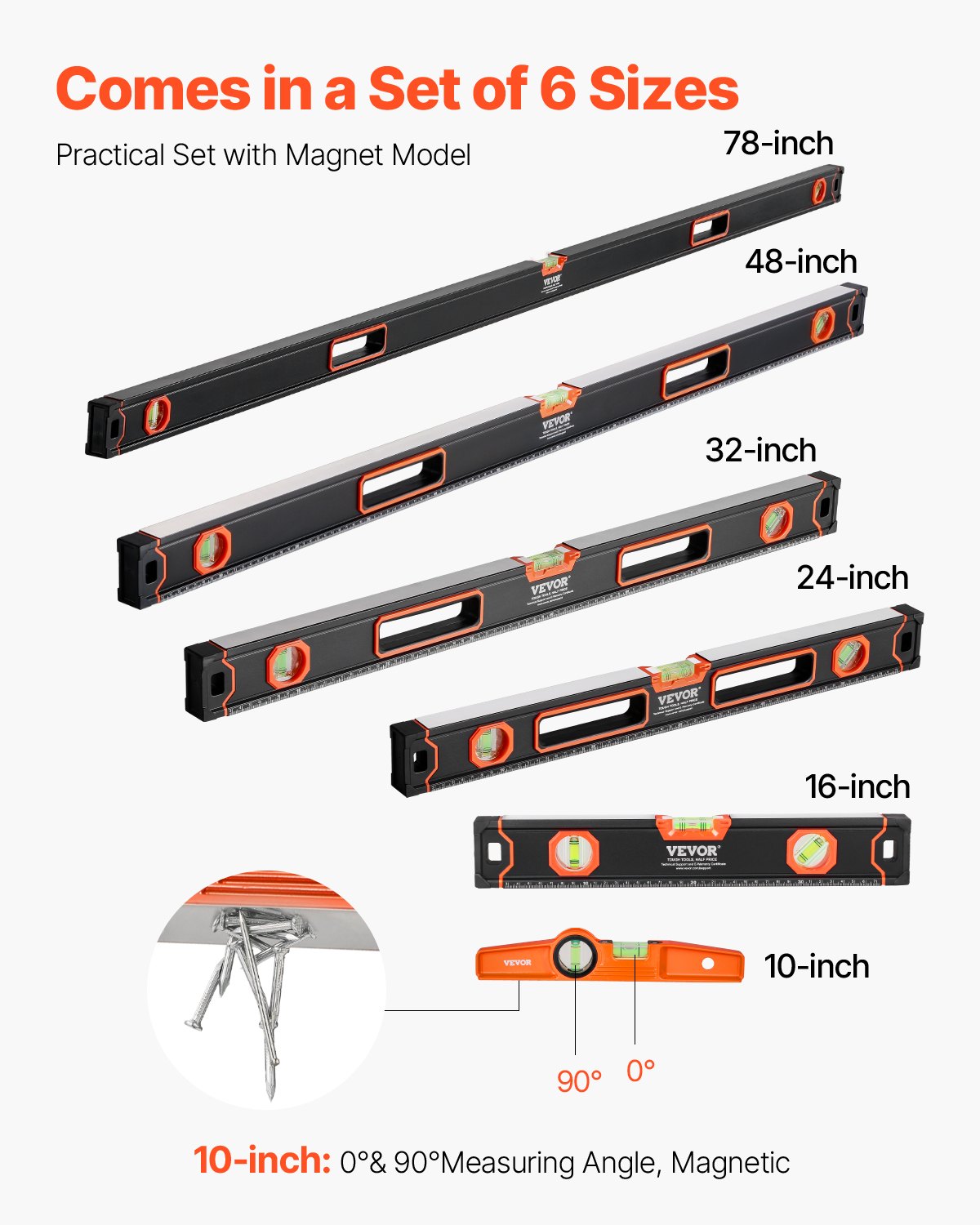 VEVOR Set Livellatrice 6 Pezzi, 250/400/600/800/1200/2000 mm, Righello per Fiale a Bolla per 45/90/180 Gradi, Strumento di Livellamento Magnetico in Lega di Alluminio Antiurto, Scala SAE