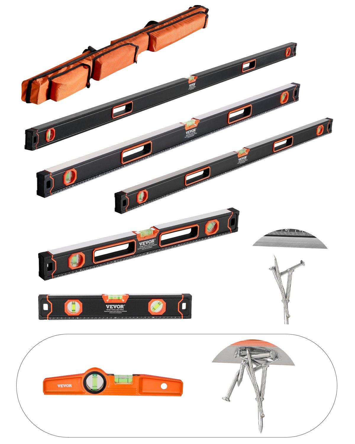 VEVOR Set Livellatrice 6 Pezzi, 250/400/600/800/1200/2000 mm, Righello per Fiale a Bolla per 45/90/180 Gradi, Strumento di Livellamento Magnetico in Lega di Alluminio Antiurto, Scala SAE