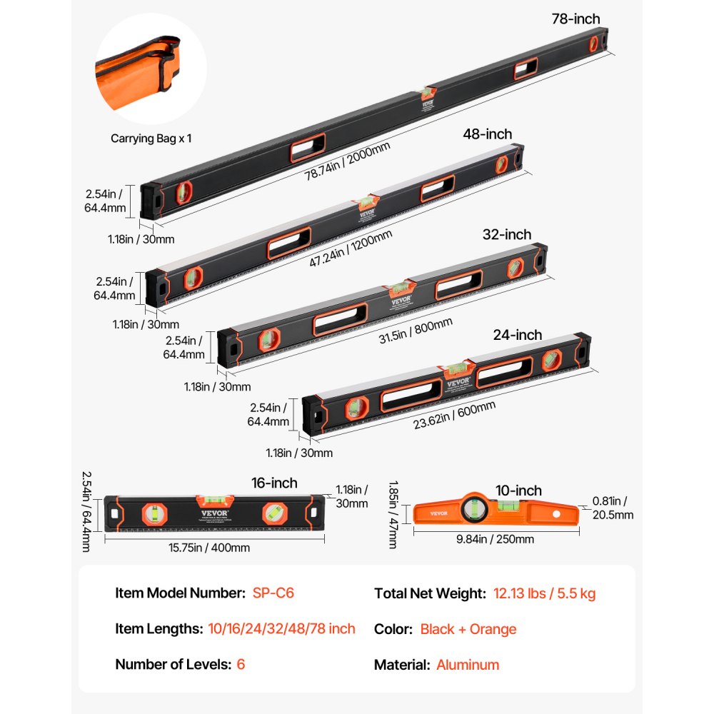 VEVOR 6 Pezzi Torpedo Level, 250/400/600/800/1200/2000 mm, Tutti i Set di Livelli Magnetici, Righello per Fiale a Bolla 45/90/180 Gradi, Strumento Magnetico per Scatole in Lega di Alluminio