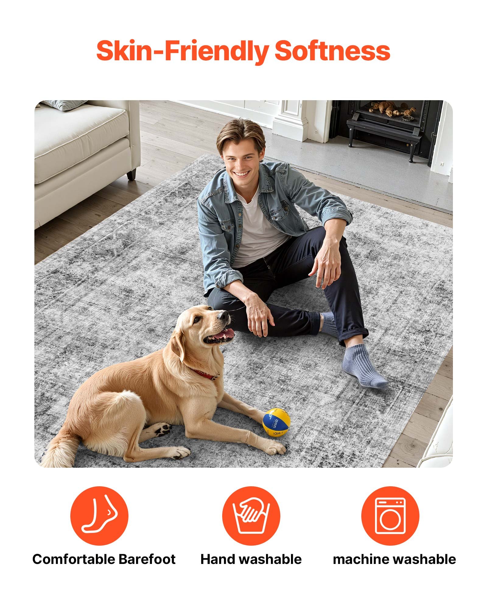 VEVOR Living Room Rug, 2743 x 3658 mm Short Pile, Washable Area Rug in Boho Style, Non-Slip Rug, Indoor Mat for Bedroom, Living Room, Children's Room, Office, Grey