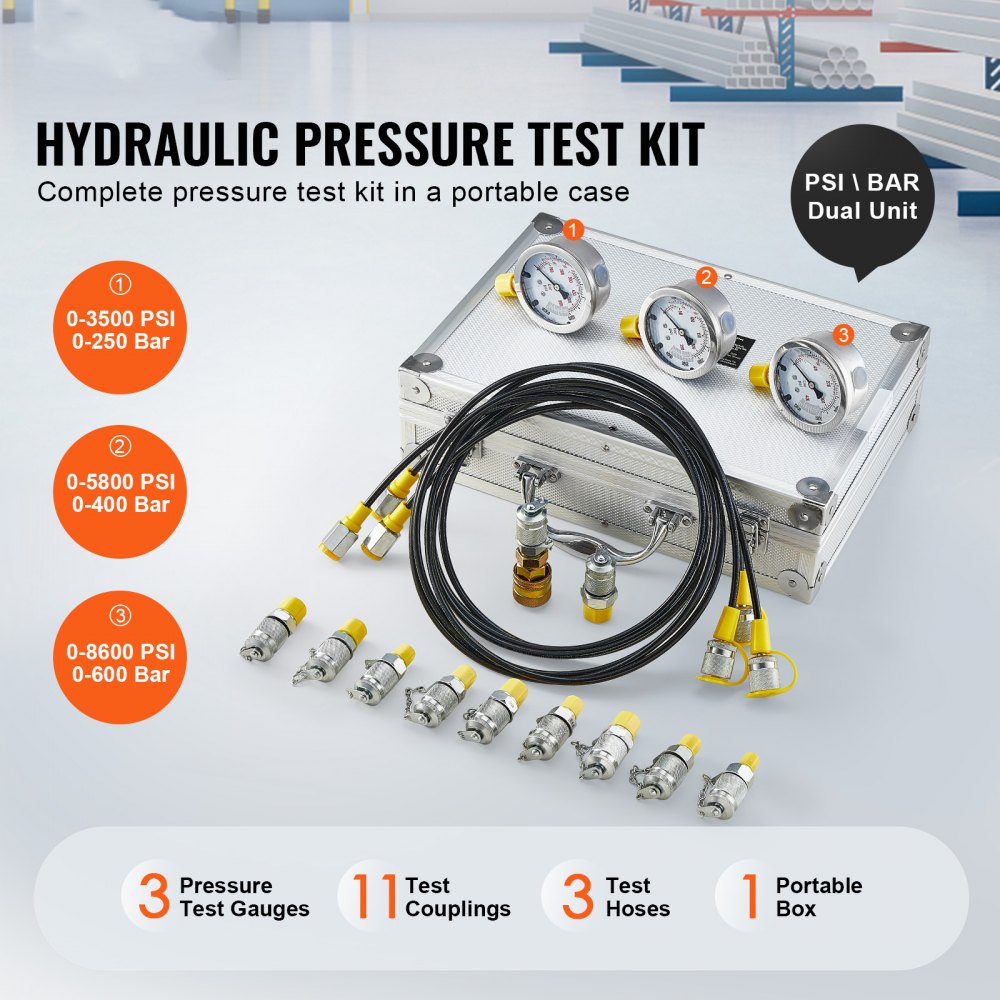 VEVOR Hydraulic Pressure Test Set, 250 / 400 / 600 bar, 3 Gauges, 11 Test Couplings, 3 Test Hoses, Excavator Hydraulic Test Gauge Set with Portable Carrying Case for Excavators, Tractors, Construction Equipment