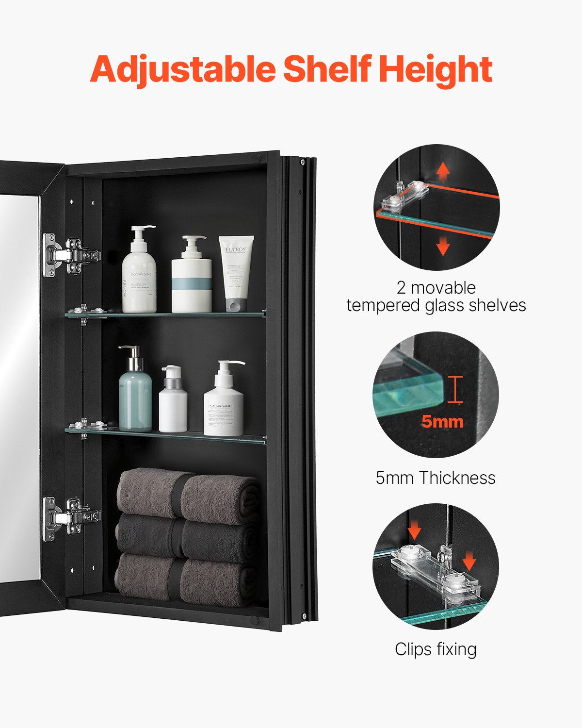 VEVOR Armadietto per Medicinali 355 x 610 mm Armadietto per Medicinali con Specchio per Bagno con Anta a Specchio, Ripiani in Vetro Regolabili, Installazione a Incasso e a Parete, Telaio in Alluminio