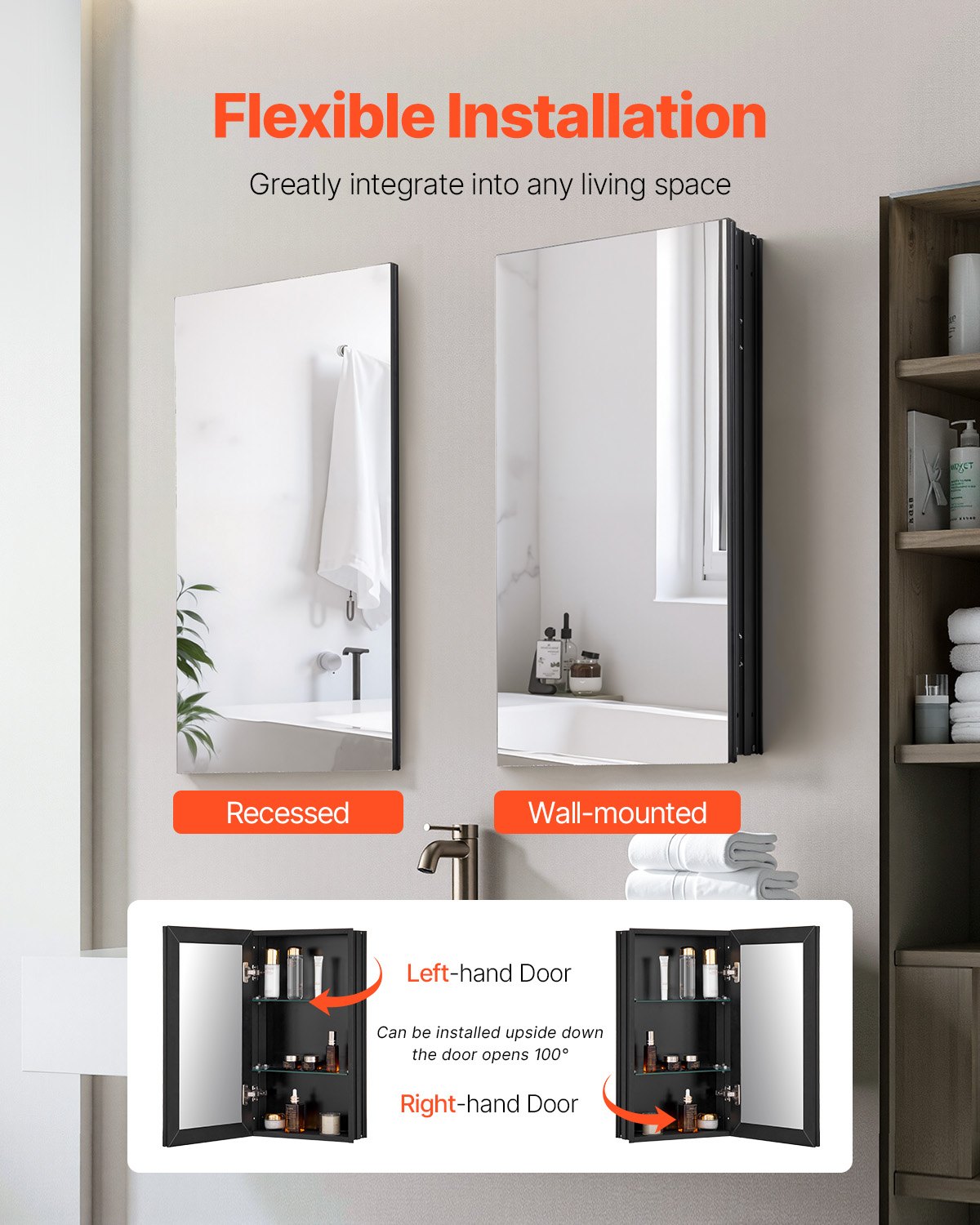 VEVOR Armadietto per Medicinali 355 x 610 mm Armadietto per Medicinali con Specchio per Bagno con Anta a Specchio, Ripiani in Vetro Regolabili, Installazione a Incasso e a Parete, Telaio in Alluminio