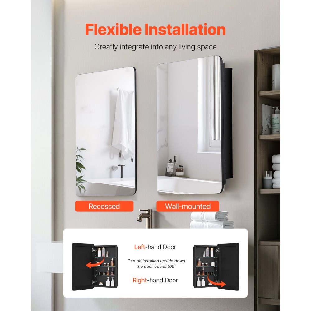 VEVOR Mirror Cabinet, Mirrored Medicine Cabinet (420 x 125 x 700 mm) for Bathrooms with Single Mirror & Adjustable Glass Shelves, Built-in and Wall Mounting, Aluminum Frame, Bathroom Cabinet