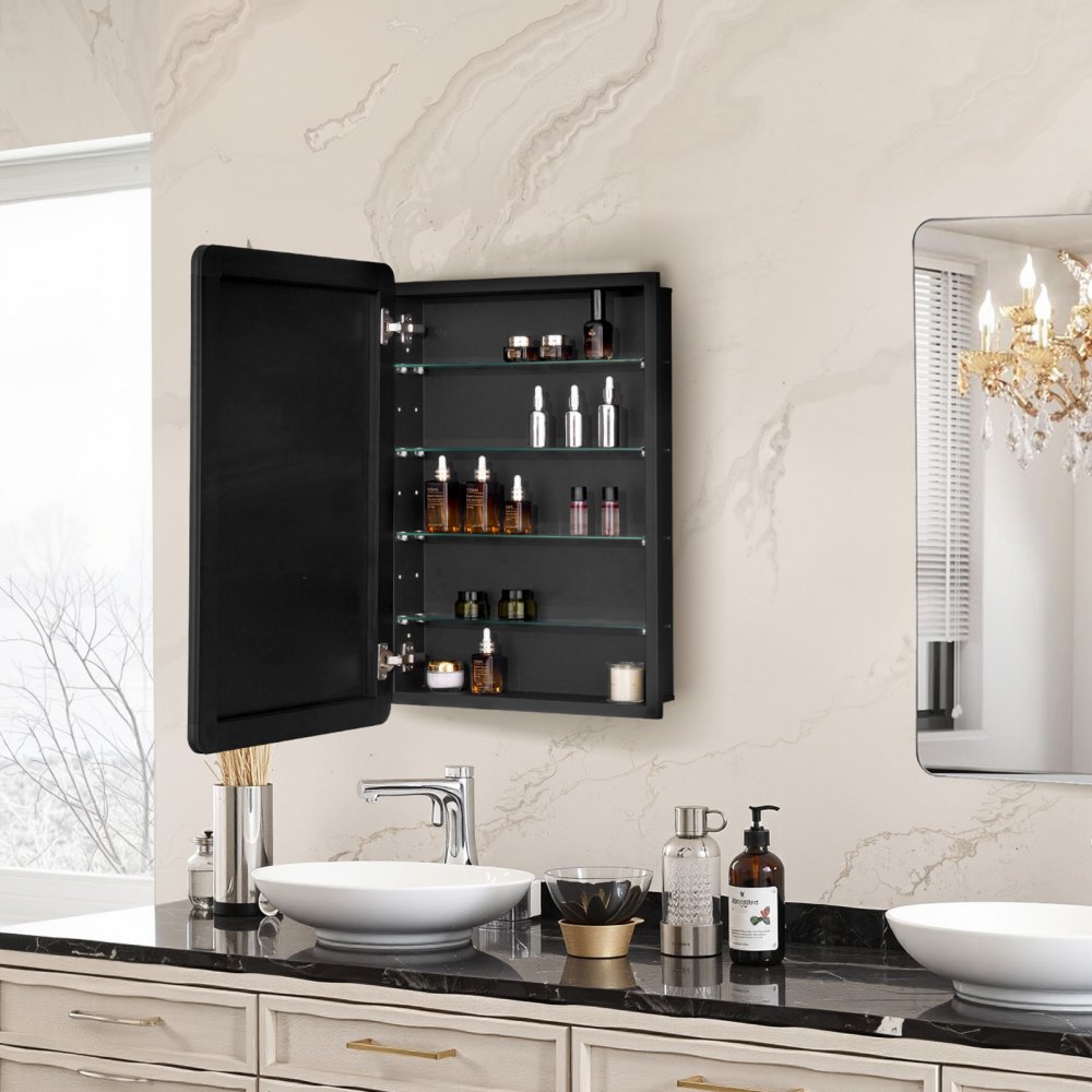 VEVOR Armadietto per Medicinali 508 x 762 mm Armadietto per Medicinali con Specchio per Bagno con Anta a Specchio e Ripiani in Vetro Regolabili, Installazione a Incasso e a Parete, Telaio in Alluminio