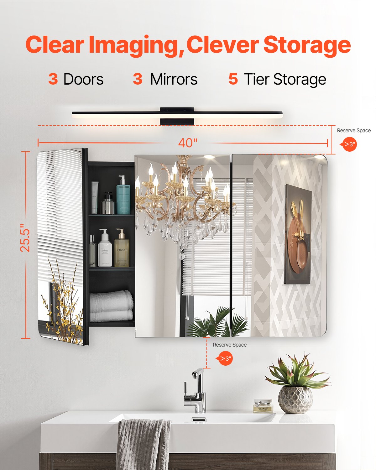 VEVOR Mirror Cabinet, Mirrored Medicine Cabinet (1017 x 135 x 647 mm) for Bathrooms with 3 Doors & 3 Mirrors, Built-in and Wall Mounting, Aluminum Frame, Bathroom Cabinet