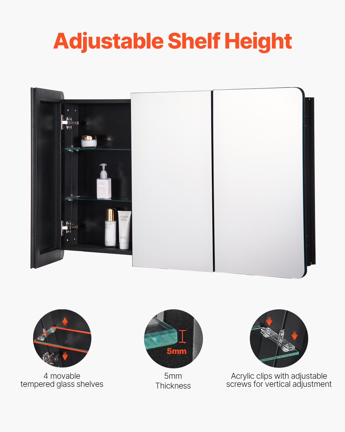 VEVOR Mirror Cabinet, Mirrored Medicine Cabinet (1017 x 135 x 647 mm) for Bathrooms with 3 Doors & 3 Mirrors, Built-in and Wall Mounting, Aluminum Frame, Bathroom Cabinet