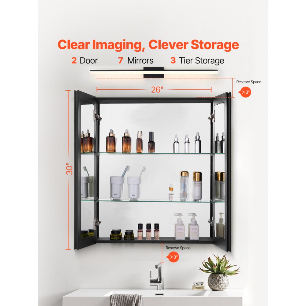 VEVOR Mirror Cabinet, Mirrored Medicine Cabinet (662 x 135 x 762 mm) for Bathrooms with 2 Doors & 7 Mirrors, Built-in and Wall Mountable, Aluminum Frame, Bathroom Cabinet