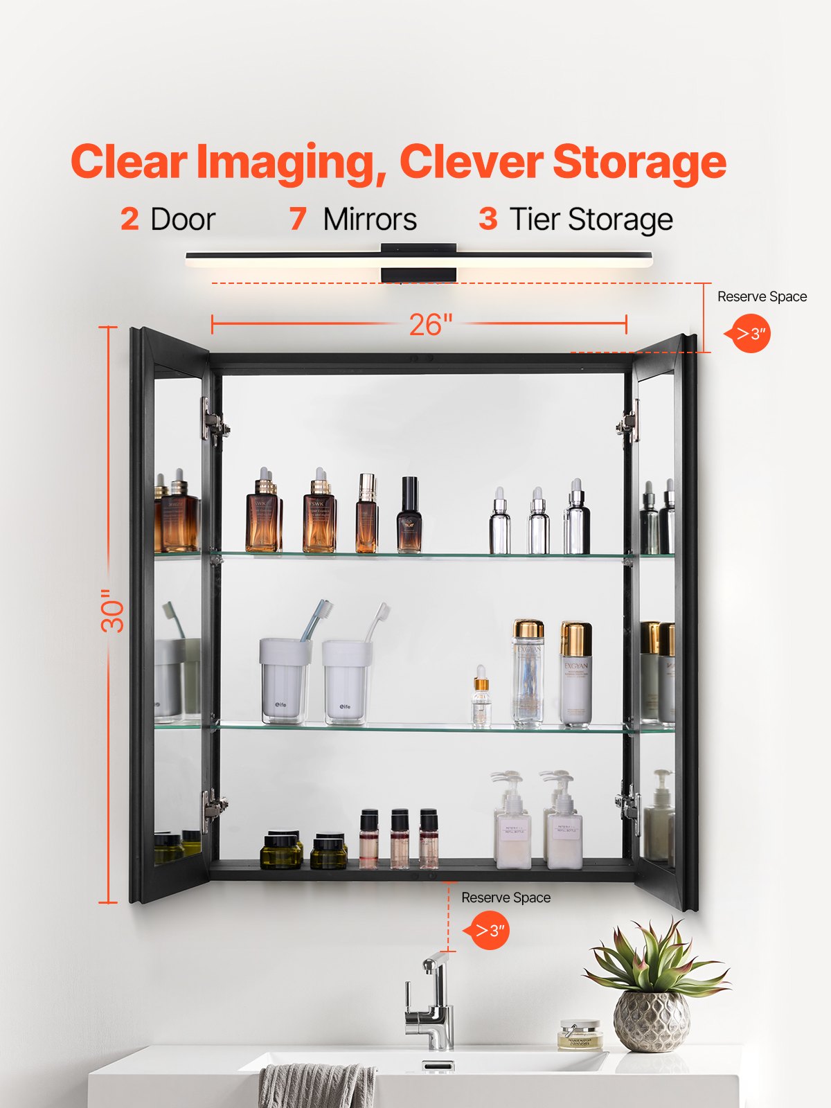 VEVOR Mirror Cabinet, Mirrored Medicine Cabinet (662 x 135 x 762 mm) for Bathrooms with 2 Doors & 7 Mirrors, Built-in and Wall Mountable, Aluminum Frame, Bathroom Cabinet