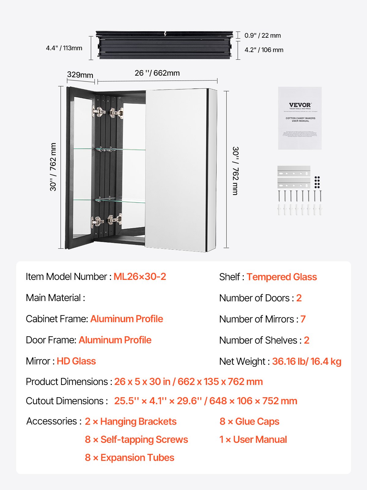 VEVOR Mirror Cabinet, Mirrored Medicine Cabinet (662 x 135 x 762 mm) for Bathrooms with 2 Doors & 7 Mirrors, Built-in and Wall Mountable, Aluminum Frame, Bathroom Cabinet