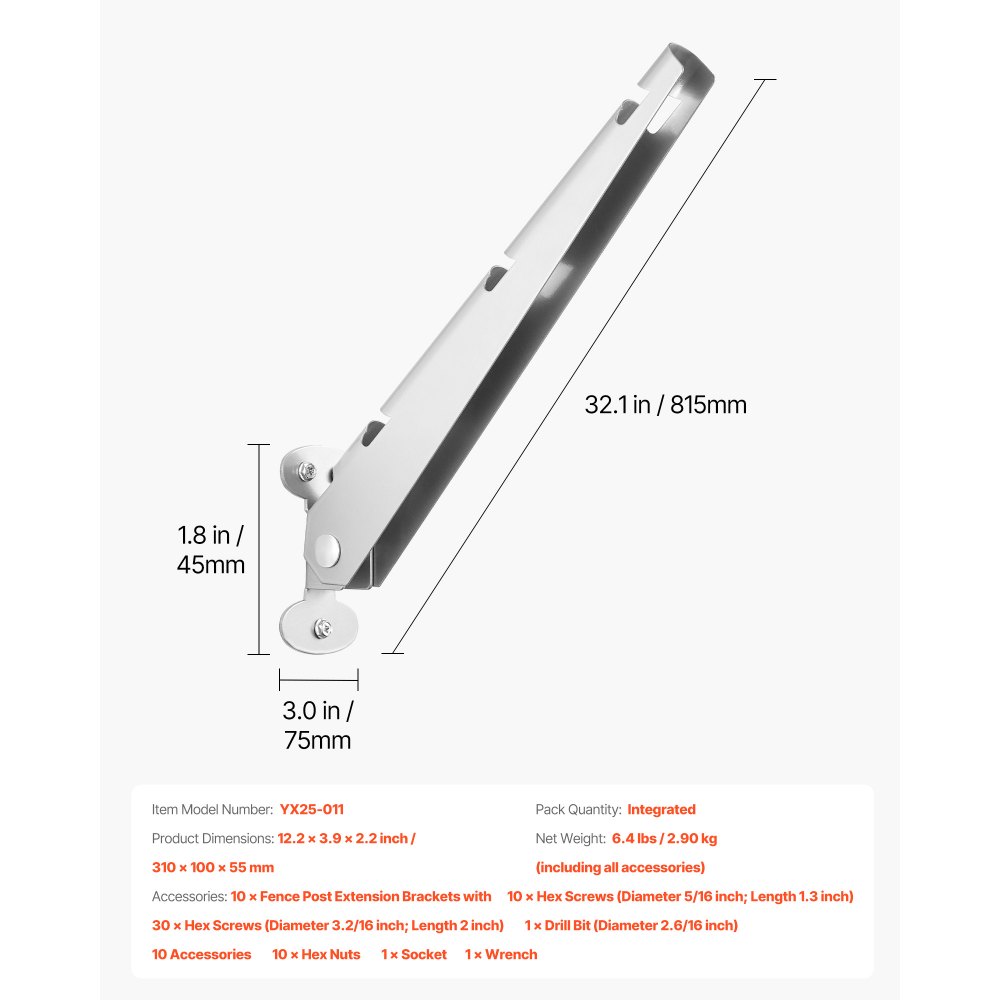 VEVOR Braccio in Filo Spinato, 10 Confezione da 310 mm, Estensore per Pali di Recinzione, Design con Staffa a U, Estensore per Altezza Recinzione in Acciaio Zincato, per Legno e Cemento