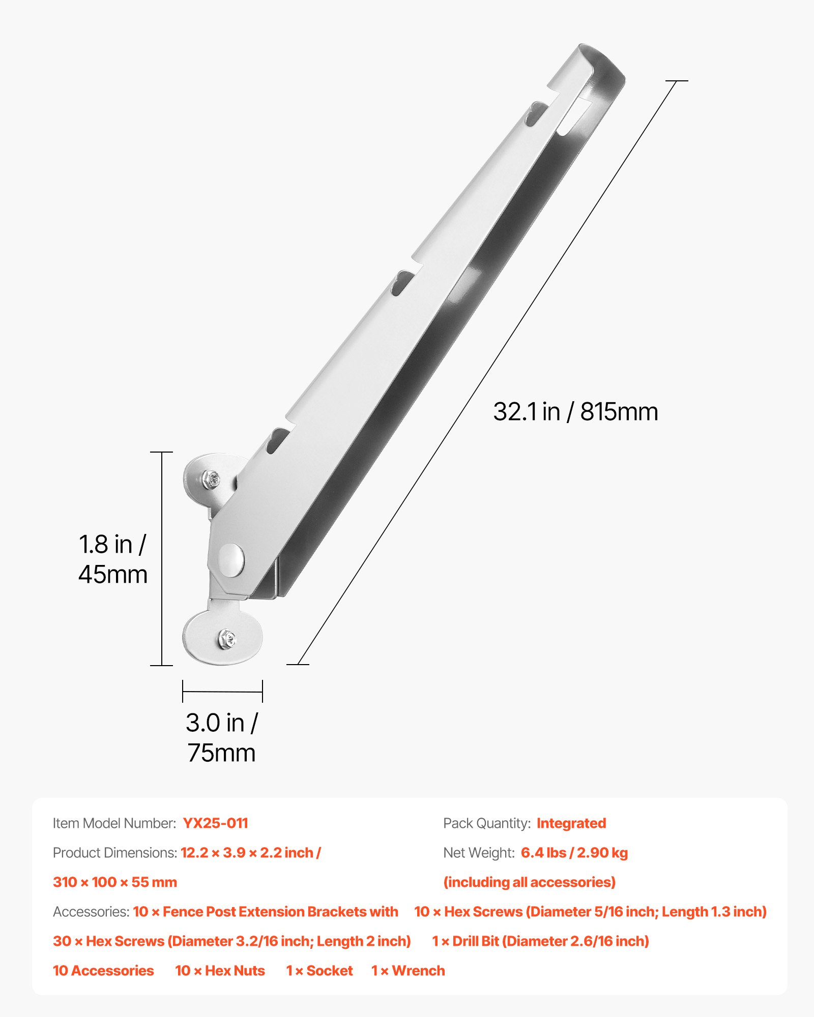 VEVOR Braccio in Filo Spinato, 10 Confezione da 310 mm, Estensore per Pali di Recinzione, Design con Staffa a U, Estensore per Altezza Recinzione in Acciaio Zincato, per Legno e Cemento