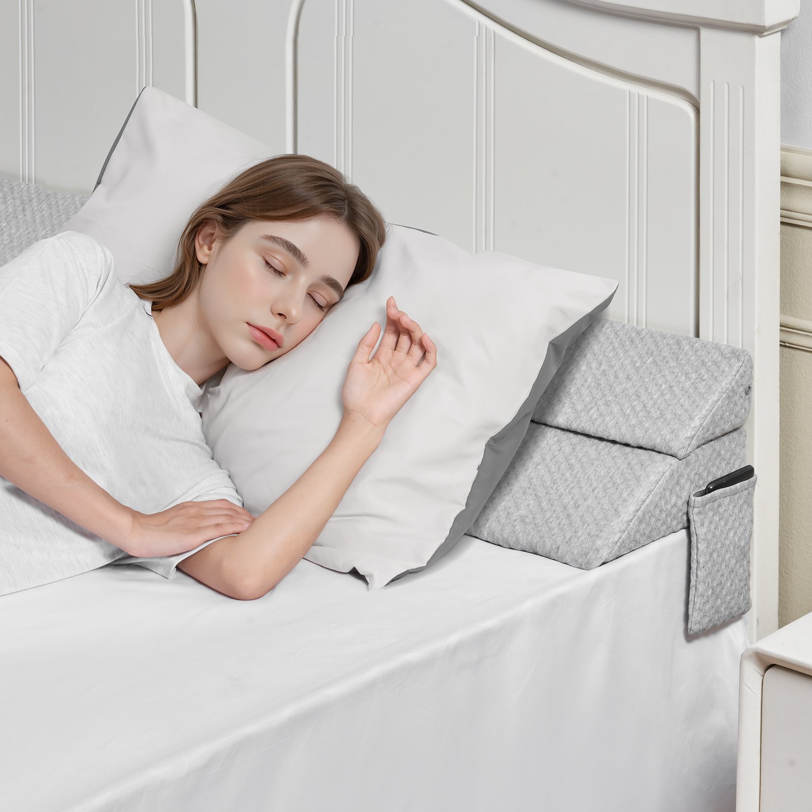 VEVOR Cuscino a Cuneo per Testiera Misura Matrimoniale 152,4 x 25,4 x 15,2 cm, Cuscino Riempimento per Fessure tra Testiera e Materasso in Schiuma 25D con Tasca Laterale Supporto Schienale, Grigio