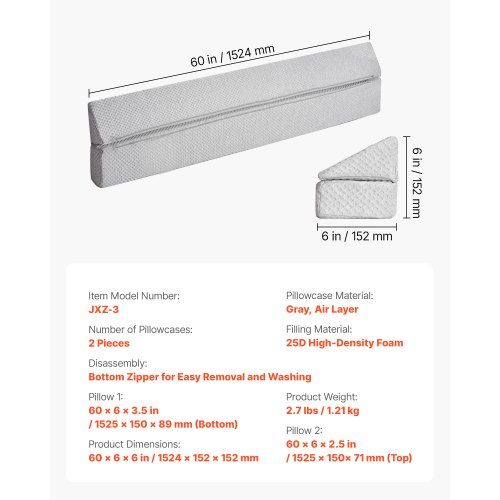 Cuscino A Cuneo Memory Foam Per Testiera Letto Queen Size (152,4x25,4x15,2 Cm) - Riempitivo Per Spazio Con 2 Tasche Laterali, Fodera Lavabile, Grigio