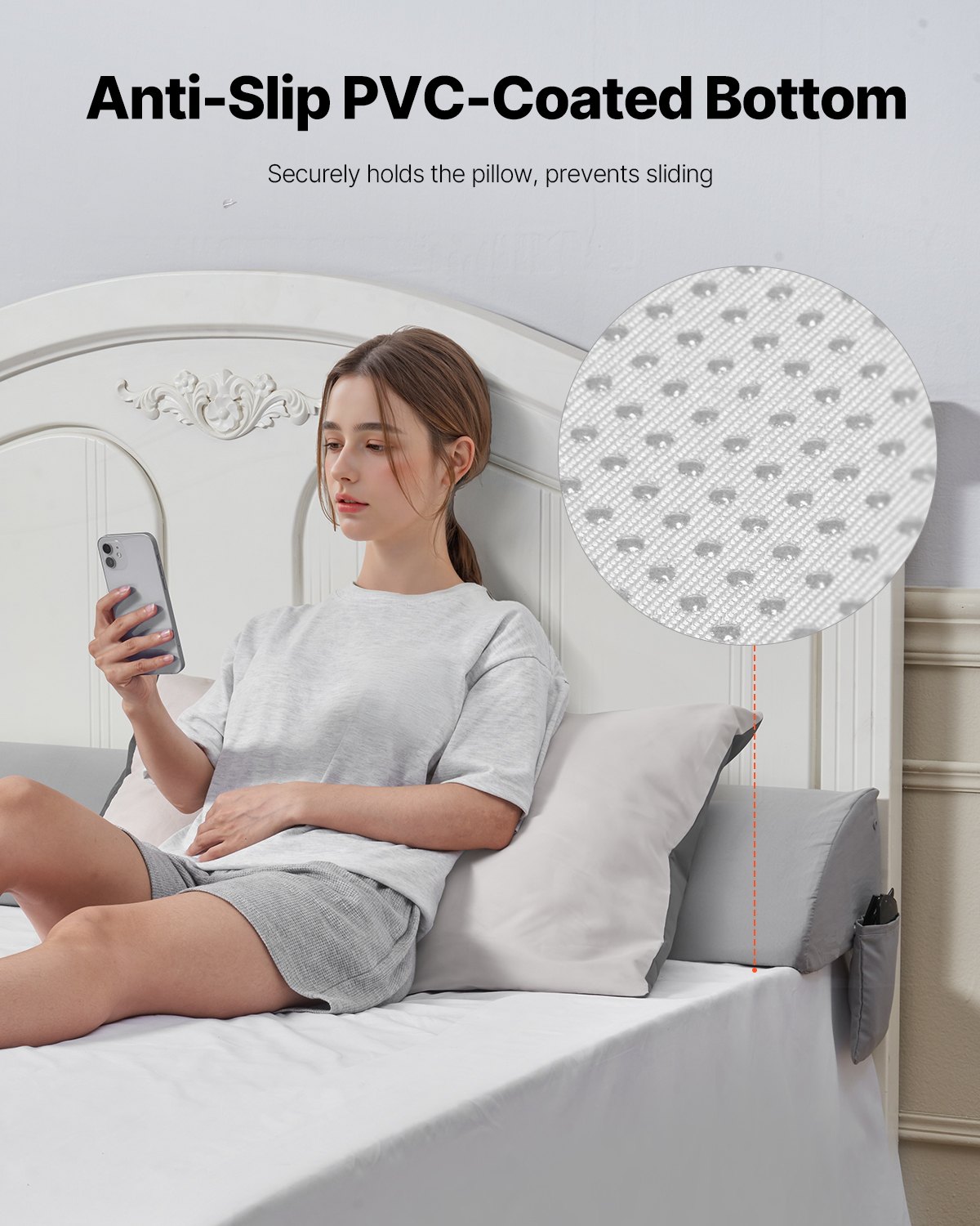 VEVOR Cuscino a Cuneo per Testiera Dimensioni King 182,9 x 25,4 x 15,2 cm, Cuscino Riempimento per Fessure tra Testiera e Materasso in Schiuma 25D con Tasca Laterale Supporto Schienale, Grigio