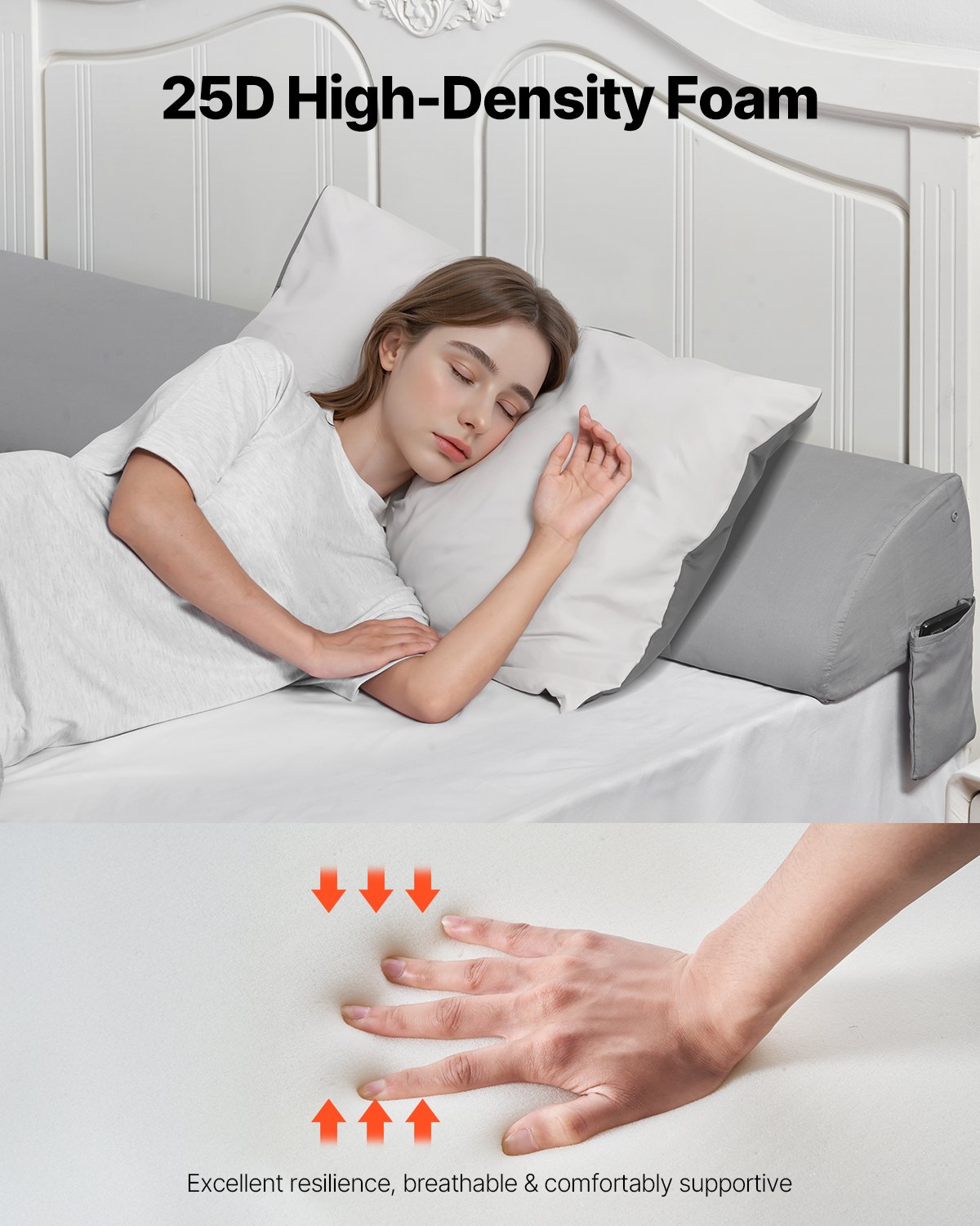 VEVOR Bed Wedge Pillow for Headboard, 1829 x 255 x 152 mm Bed Gap Filler, Fill 0-178mm Gap Between Headboard and Mattress, 25D Foam Mattress Wedge Headboard Pillow with Side Pocket, for Backrest, Gray