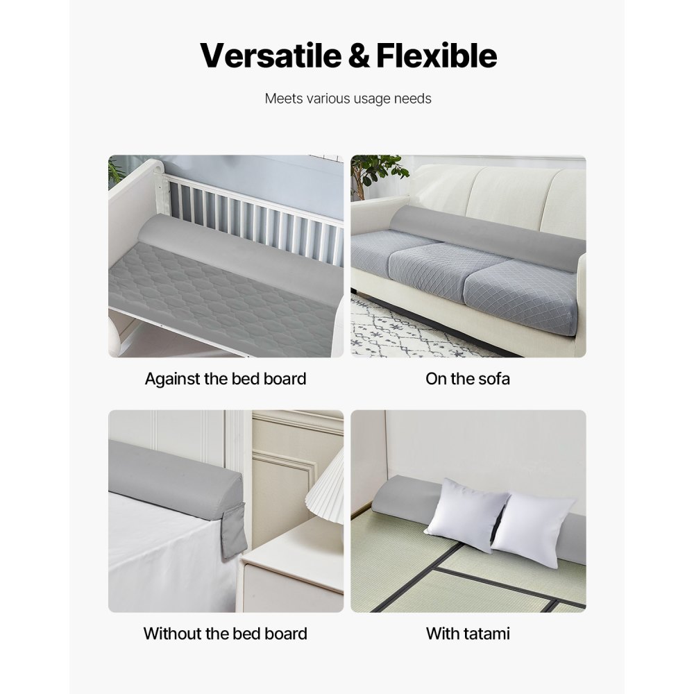 VEVOR Cuscino a Cuneo per Testiera Dimensioni King 193 x 15,2 x 11,5 cm, Cuscino Riempimento per Fessure tra Testiera e Materasso in Schiuma 25D con Tasca Laterale Supporto Schienale, Grigio