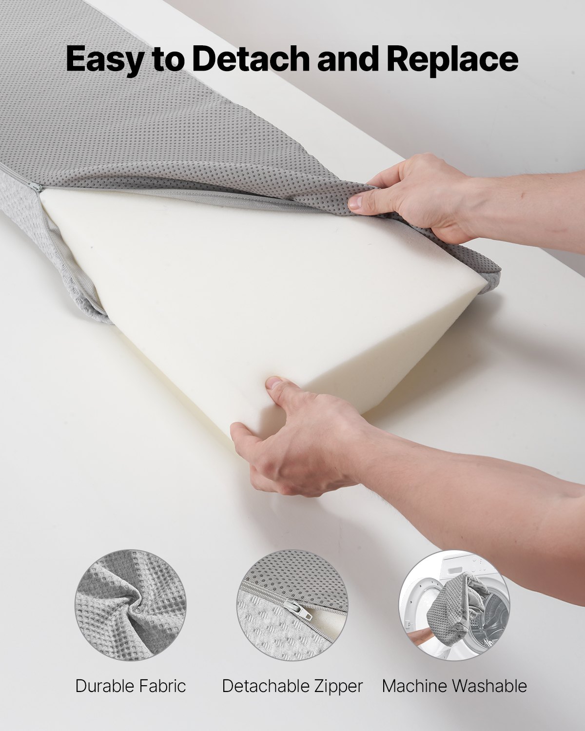 VEVOR Cuscino a Cuneo per Testiera Dimensioni 193 x 25,5 x 15,2 cm, Cuscino Riempimento per Fessure tra Testiera e Materasso in Schiuma 25D con Tasca Laterale Supporto Schienale, Grigio