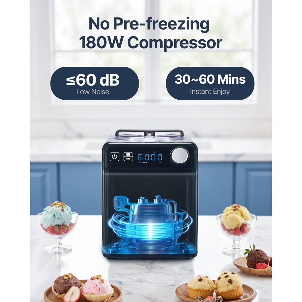 VEVOR Gelatiera Elettrica Casalinga per Gelato Capienza 2L circa Potenza 180W, Macchina per Gelato Elettrica con Schermo LCD Preparazione Rapida Senza Precongelamento per Gelato Sorbetti Frozen Yogurt