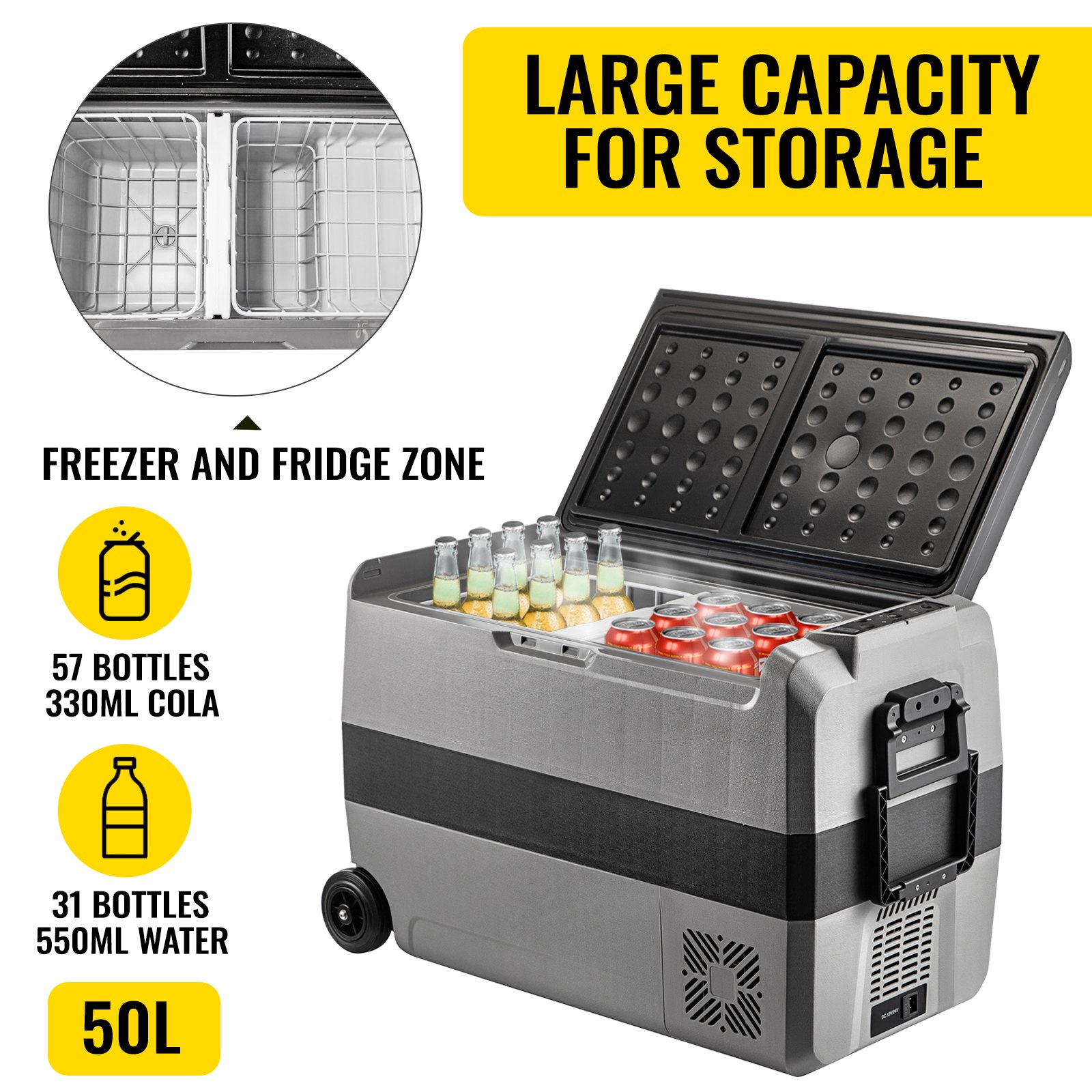 VEVOR Frigoriferi Auto per Viaggi Picnic, 50 L Frigoriferi Portatile Elettrico, 45 W Mini Frigo Auto all'Aperto Campeggio, Grigio e Nero Frigo Freezer Elettrico Portatile da Campeggio in Plastica ABS