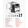 VEVOR Tritacarne Elettrico Potenza max 1200W Cucina Domestica per Salsicce Macchina per Tritatura di Carne, 1,5-2 kg/min, con 2 Dischi per Macinazione, Tubo per Riempimento, Potenza Nominale 500 W