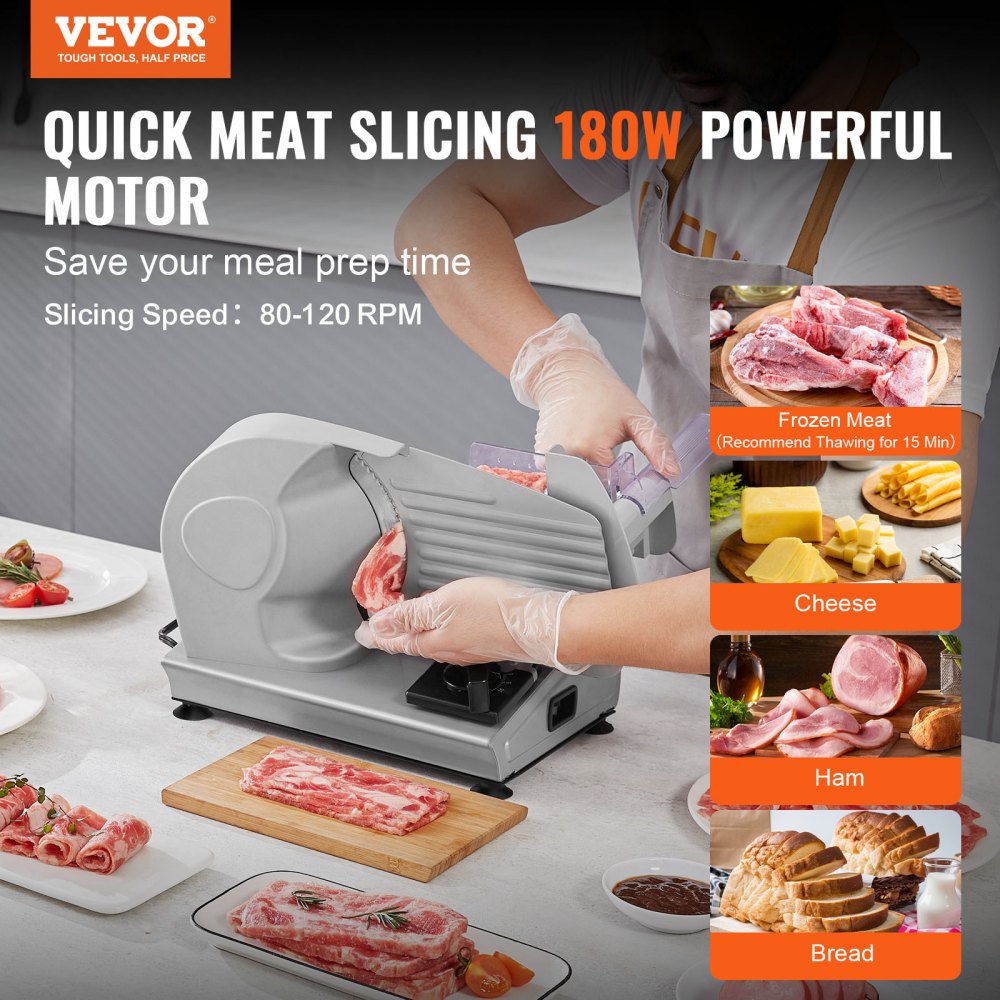 VEVOR Affettatrice Carne, Affettatrice Elettrica da 180 W con Lama in Acciaio Inossidabile SUS420 da 19,05 cm e Protezione Lama, Spessore Regolabile da 0 a 1,524 cm per Uso Domestico, Facile da Puli