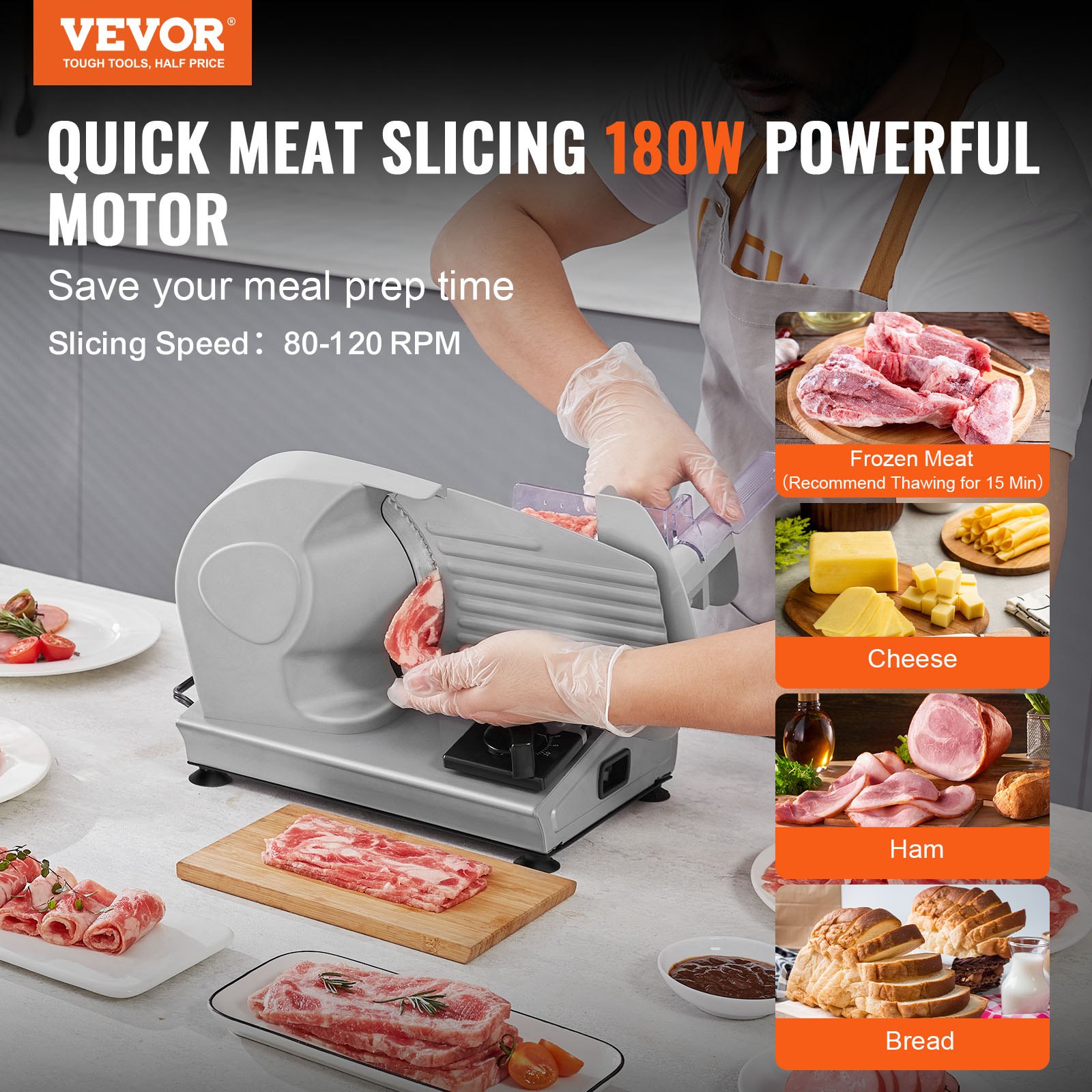 VEVOR Home Use Meat Slicer 180 W, 80-120 rpm Electric Slicer Food Cutter with SUS420 Blades, 0-15 mm Adjustable Thickness for Meat, Cheese, etc.