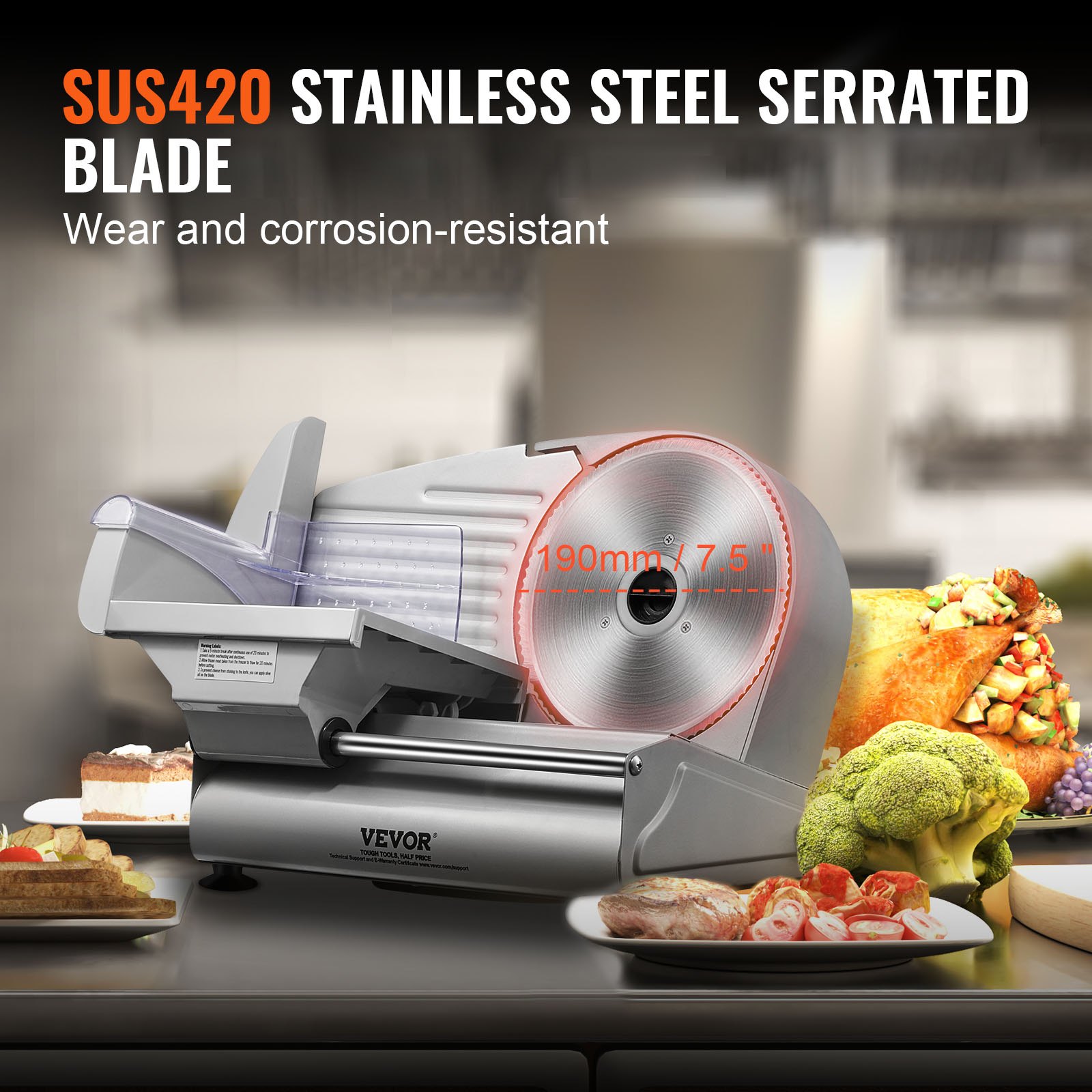 VEVOR Home Use Meat Slicer 180 W, 80-120 rpm Electric Slicer Food Cutter with SUS420 Blades, 0-15 mm Adjustable Thickness for Meat, Cheese, etc.