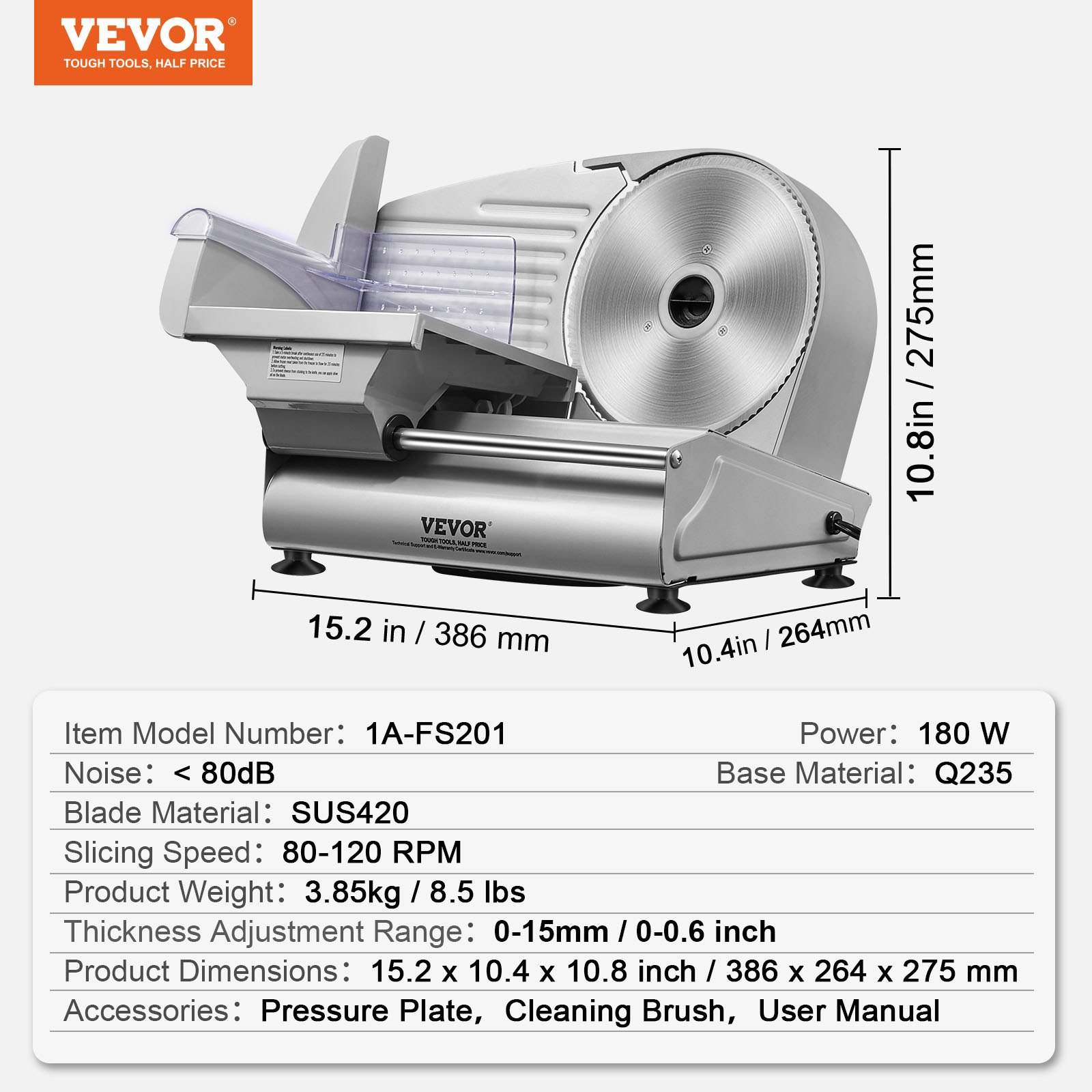VEVOR Affettatrice Carne, Affettatrice Elettrica da 180 W con Lama in Acciaio Inossidabile SUS420 da 19,05 cm e Protezione Lama, Spessore Regolabile da 0 a 1,524 cm per Uso Domestico, Facile da Puli