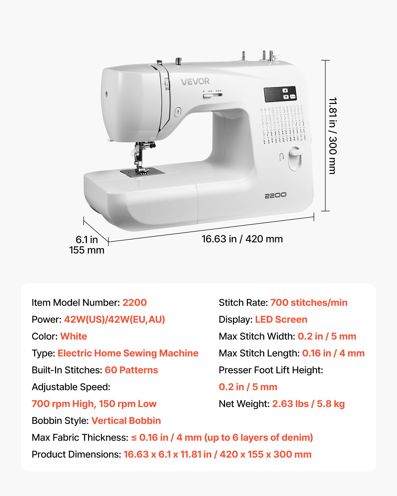 VEVOR Computerized Sewing Machine, 60 Stitch Applications, with LED Screen, Foot Pedal and LED Light, Heavy-Duty Metal Frame, Digital Sewing Machine with Powerful Motor for Crafts and Mending