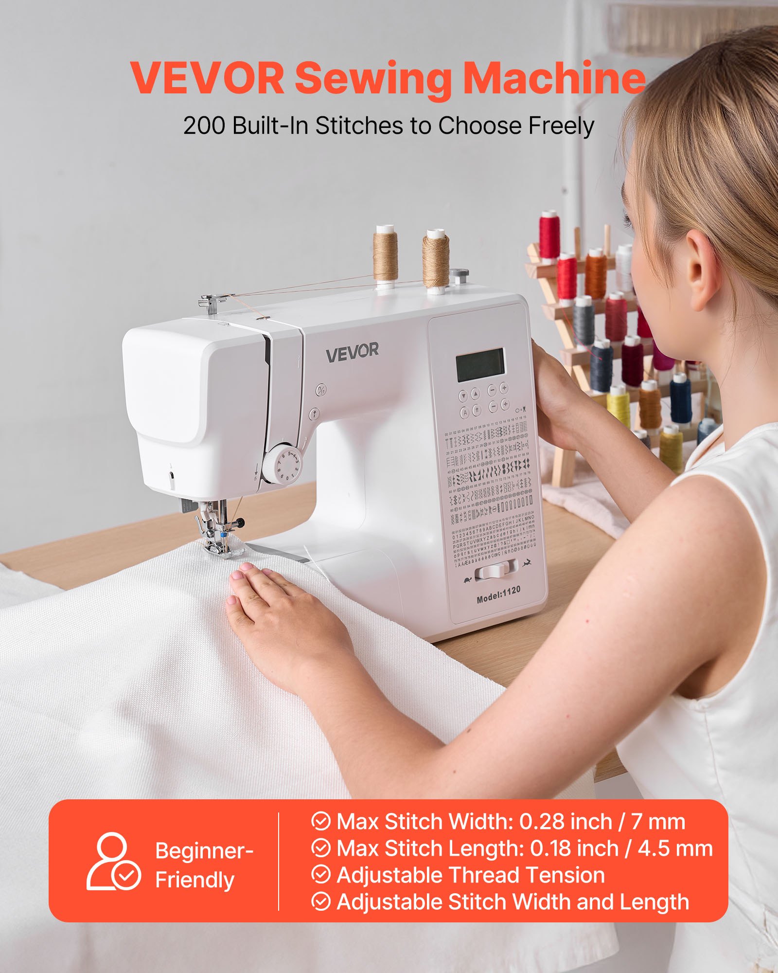 VEVOR Computerized Sewing Machine, 200 Stitch Applications, with LCD Screen, Foot Pedal and LED Light, Heavy-Duty Metal Frame, Digital Sewing Machine with Powerful Motor for Crafts and Mending