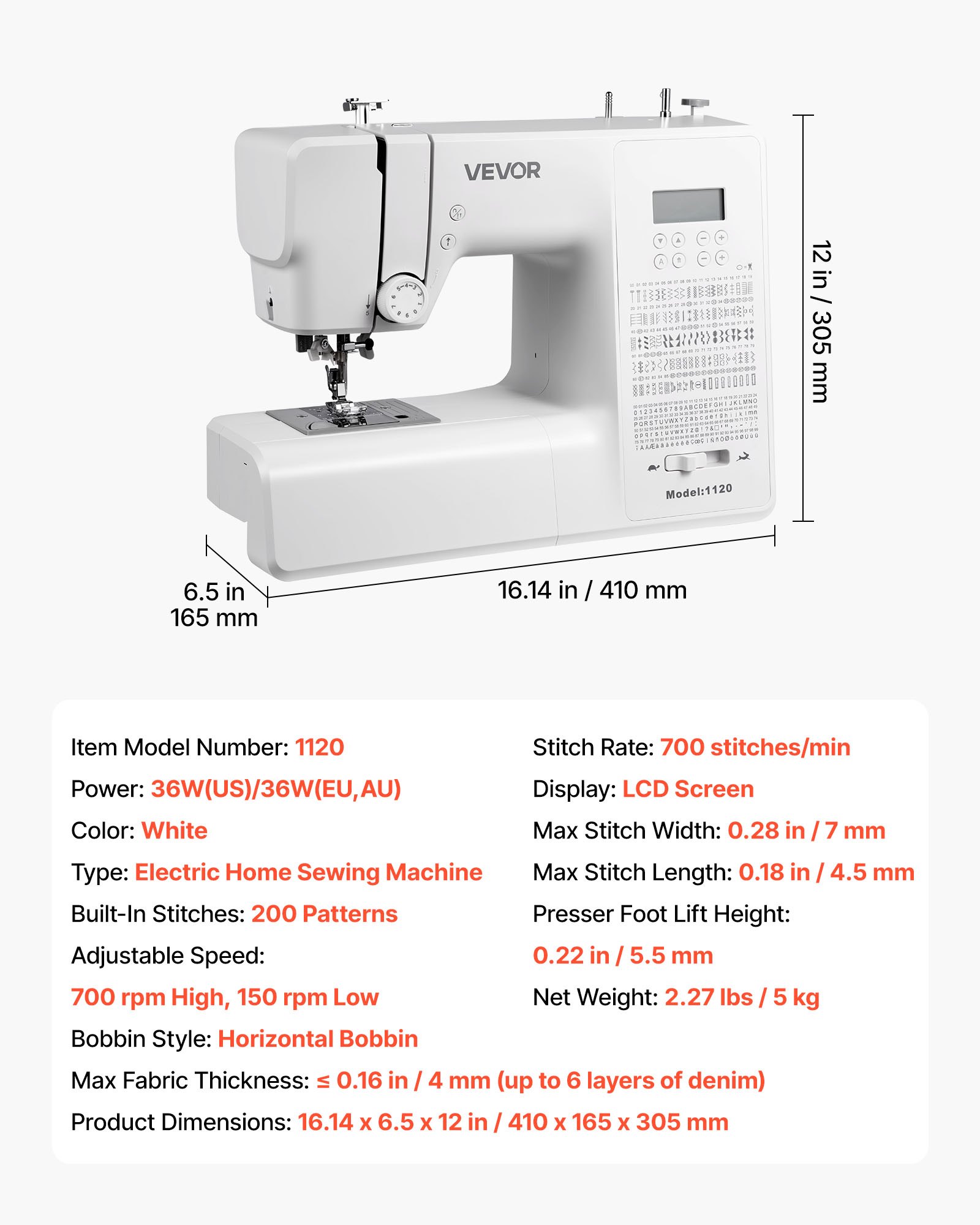 VEVOR Computerized Sewing Machine, 200 Stitch Applications, with LCD Screen, Foot Pedal and LED Light, Heavy-Duty Metal Frame, Digital Sewing Machine with Powerful Motor for Crafts and Mending