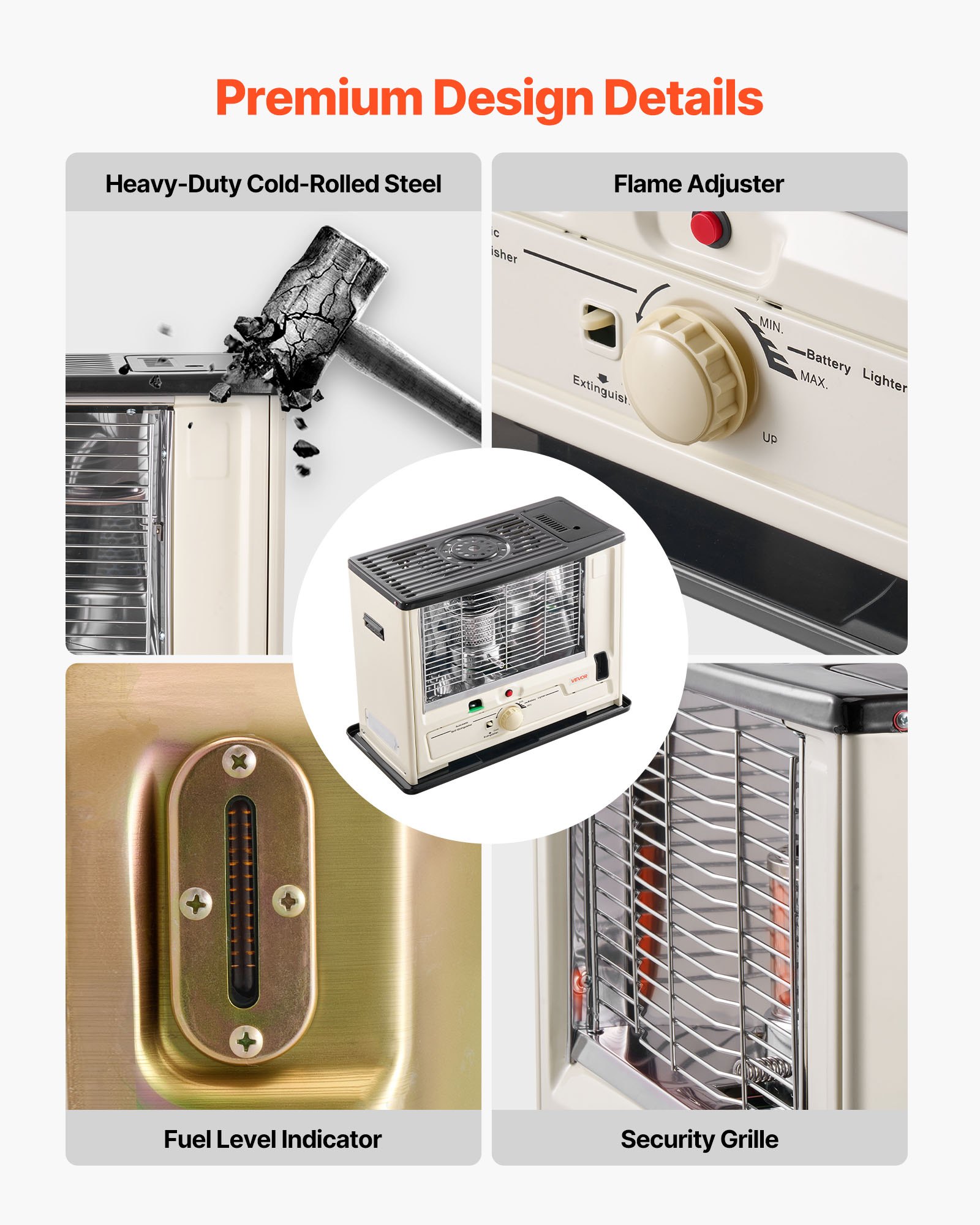 VEVOR Stufa a Cherosene da 10000 BTU, Stufa a Cherosene Portatile con Spegnimento Automatico, Fiamma Regolabile, Funzione Antiribaltamento, Riscaldatore per Garage, Cantina, Campeggio, Officina