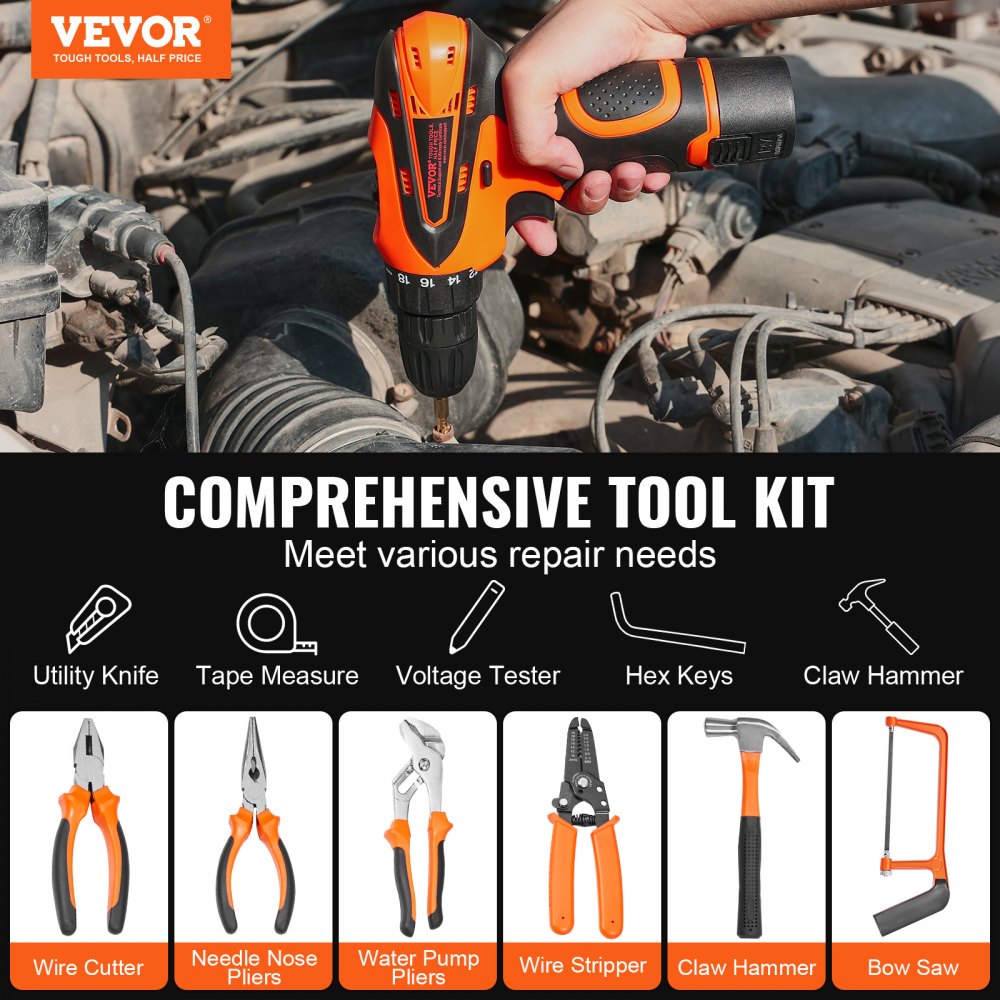 VEVOR Kit di Attrezzi 146 Pezzi, Set di Attrezzi Manuali Generali per Casa, con Cacciavite a Batteria, Custodia per Attrezzi, per Manutenzione Domestica, Progetti Fai da Te, Riparazione Automobili