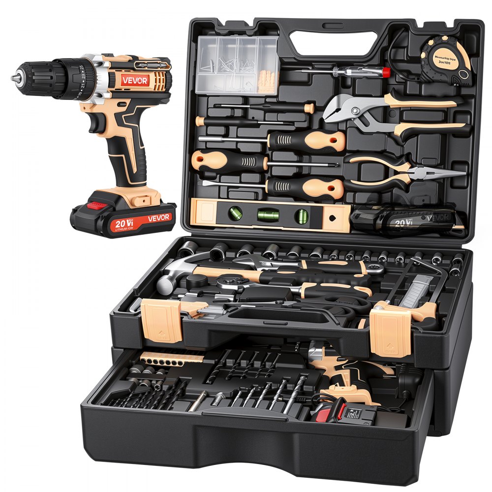 VEVOR Kit di Attrezzi da 318 Pezzi con Trapano a Batteria Punte e Martello, per Manutenzione Domestica Riparazioni Casaliinghe e Progetti fai-da-te, con Custodia Portatile, in Acciaio di Alta Qualità