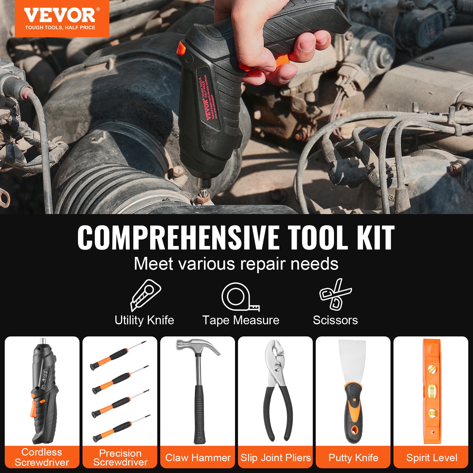 VEVOR Kit di Attrezzi 96 Pezzi, Set di Attrezzi Manuali Generali per Casa, con Cacciavite a Batteria, Custodia per Attrezzi, per Manutenzione Domestica, Progetti Fai da Te, Riparazione Automobili
