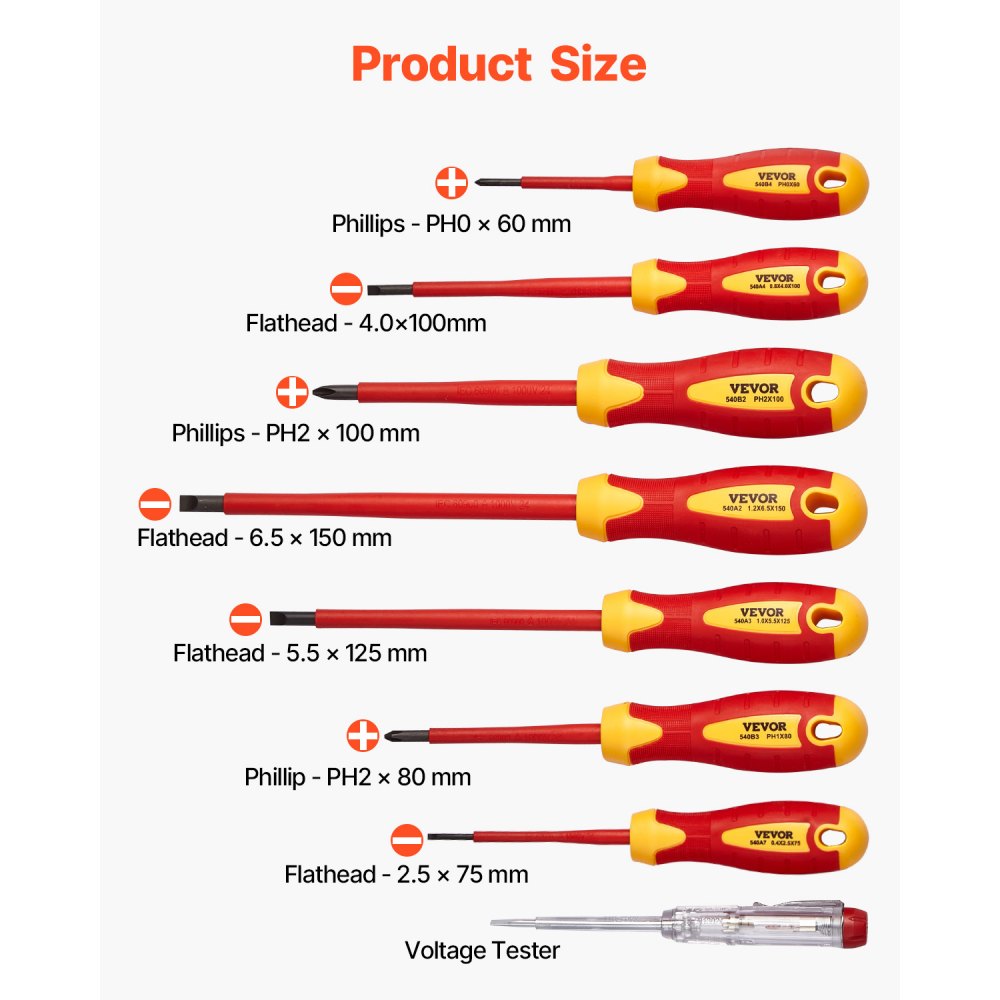 VEVOR Set di Cacciaviti Isolati, 12 Pezzi, Set di Cacciaviti Elettrici da 1000 V Set di Utensili per Elettricisti Isolati, con Punte Magnetiche a Taglio Phillips, Pinze Isolate e Pinze Diagonali