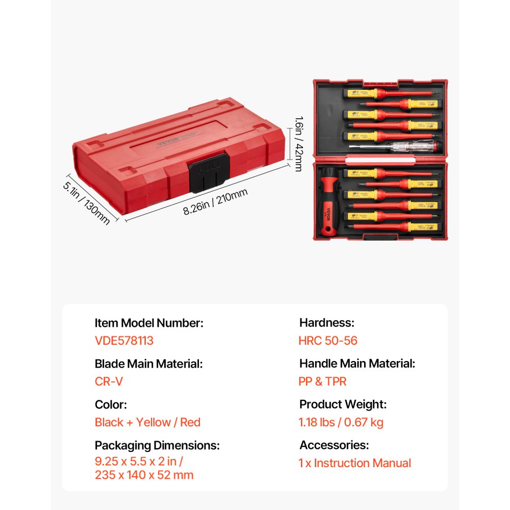 VEVOR insulated screwdriver set, 13-piece, electric screwdriver set, insulated electrician's tool set, with magnetic Phillips, slotted and Pozidriv Torx tips, screwdrivers